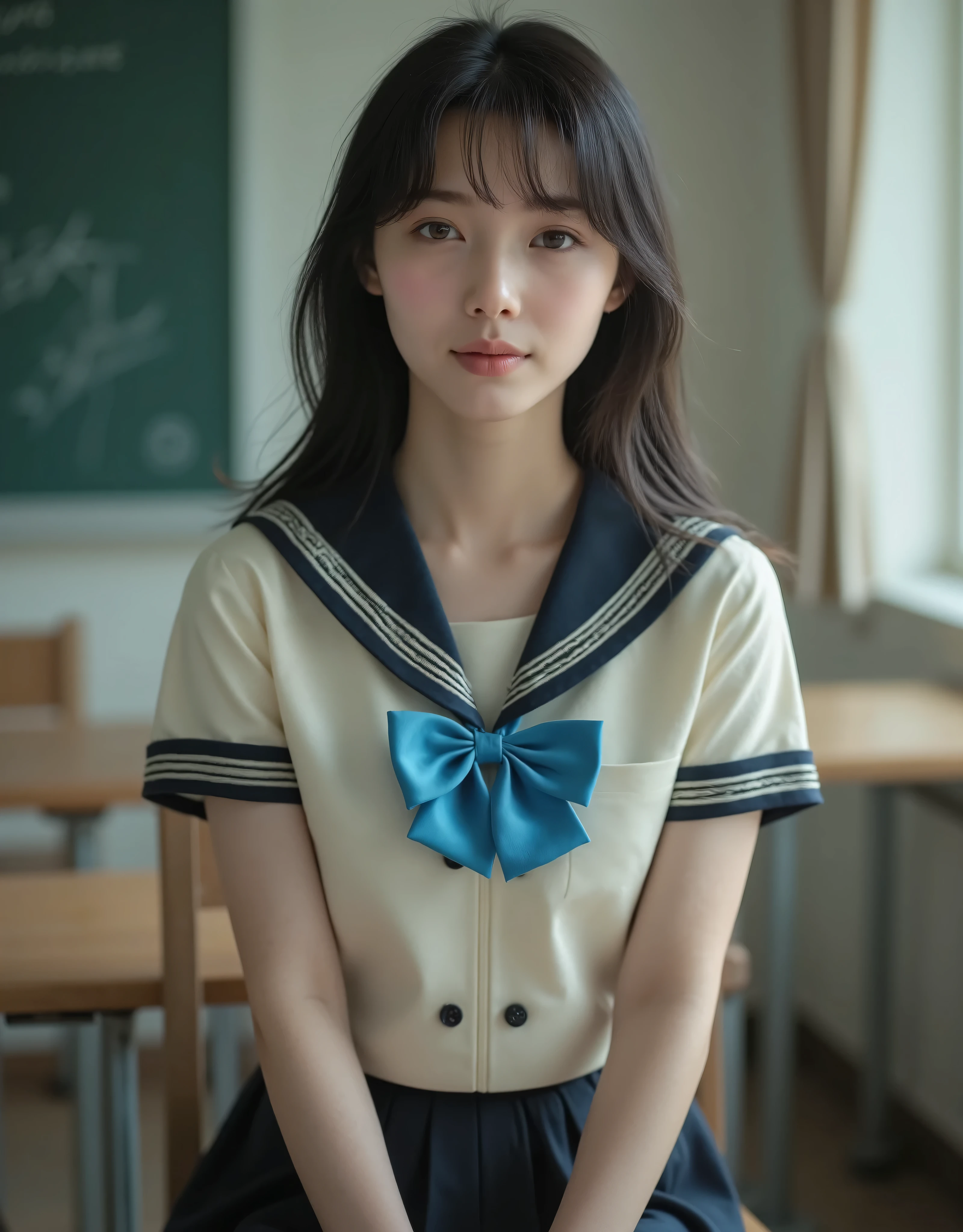 (Canon), (EOS R5), (50mm), ((( photorealistic:1.5))), (No lens flare :1.5), ((超 high resolution)), (masterpiece), accurate,( is present な質感の肌), more details, high detail, high quality , Award-winning work , 最 high quality, 32K, depth of coverage, digital camera, award-winning glamour photo , professional lighting, (SFW), ((最 high quality:1.5)), ((masterpiece:1.5)), (( is present )), high resolution, is present な影, Roughness, Real Life,( 1 Japanese woman so beautiful and cute), ( The cuteness of Japan's top idol ), ((Upper body shot seen obliquely from the front :1.5)), (( upper body shot from head to knee :1.5)), (( cute 18-year-old Japanese high school girl )), (((Light cream short sleeve sailor suit :1.8))), (( high school classroom , desk, chair, blackboard, and window visible )), ((( Tokyo Jogakukan high school summer suit short sleeve sailor suit ))), ((( Very Cute Smile {x} The collar and breastplate are dark blue and have 3 white lines, a short-sleeved light cream summer suit, and a dark blue flare skirt, sitting on a chair wearing a short-sleeved light cream summer suit and dark blue flare skirt:1.8))), (( short sleeve light cream sailor suit with dark blue collar and chest :1.8)), (( no front buttons on a sailor suit :1.8)), ((Sailor suit without front zipper :1.8)), ((( The chest between the collar of the sailor suit is dark blue and has 3 white lines :1.8))), (( dark blue flare skirt :1.5)), ((A large bright blue bow on the chest for a sailor suit :1.8)), ((Navy blue scarf closure :1.5)), (( no accessories:1.5)), (( No Earrings :1.5)), ((Without necklace:1.5)), ((Women's watch on her left arm )), (( a very cute high school girl who feels young )), Attractive cuteness , seductive pose holding hands, Height: 160cm, slim figure, Beautifully shaped bust, D Cup, (( Very Cute Smile :1.5)), ( alone:1.5), (There is only one person in the classroom), ( brown eyes:1.9), ( Detailed depiction of extremely realistic skin ), (Highly detailed, realistic eyes:1.9), (Very beautiful, Long, realistic eyelashes), (Highly detailed, realistic eyebrows), (丸い brown eyes :1.8), ( beautiful catchlight on the eyes), (Realistic lips with moisture ), ( white realistic teeth arranged neatly), ( Beautiful and Detailed Face :1.6), ( hourglass figure :1.6), (Wasp waist :1.5), ( Perfectly round and beautifully shaped bust :1.8), ( clearly contoured cheekbones :1.5), ( perfectly styled body :1.8), (Healthy body :1.8), (Narrow shoulders:1.9), ( viewers), ( seductive gaze), (Beautiful, natural-looking hands), ( beautiful pink nails with a beautiful length ), ( show your hands as little as possible ), ( very cute smile:1.1), ( her stomach and navel may be slightly visible:1.4), ( dark hair medium hair :1.3), ( beautiful black hair), ( Has bangs), Natural atmosphere, Very cute type, beautiful thighs, (( evening classroom )), (( with a pencil case and notebook on her desk :1.4)), (( show your hands as little as possible )), ((I can't show my feet)), blur background, Illuminate the face, dynamic pose , beautiful body line , Beautiful, realistic skin , Art Photography, beautiful soft lighting , Accurate , Accurate , Accurate,5 fingers on one hand ,((No watermark, No signature))