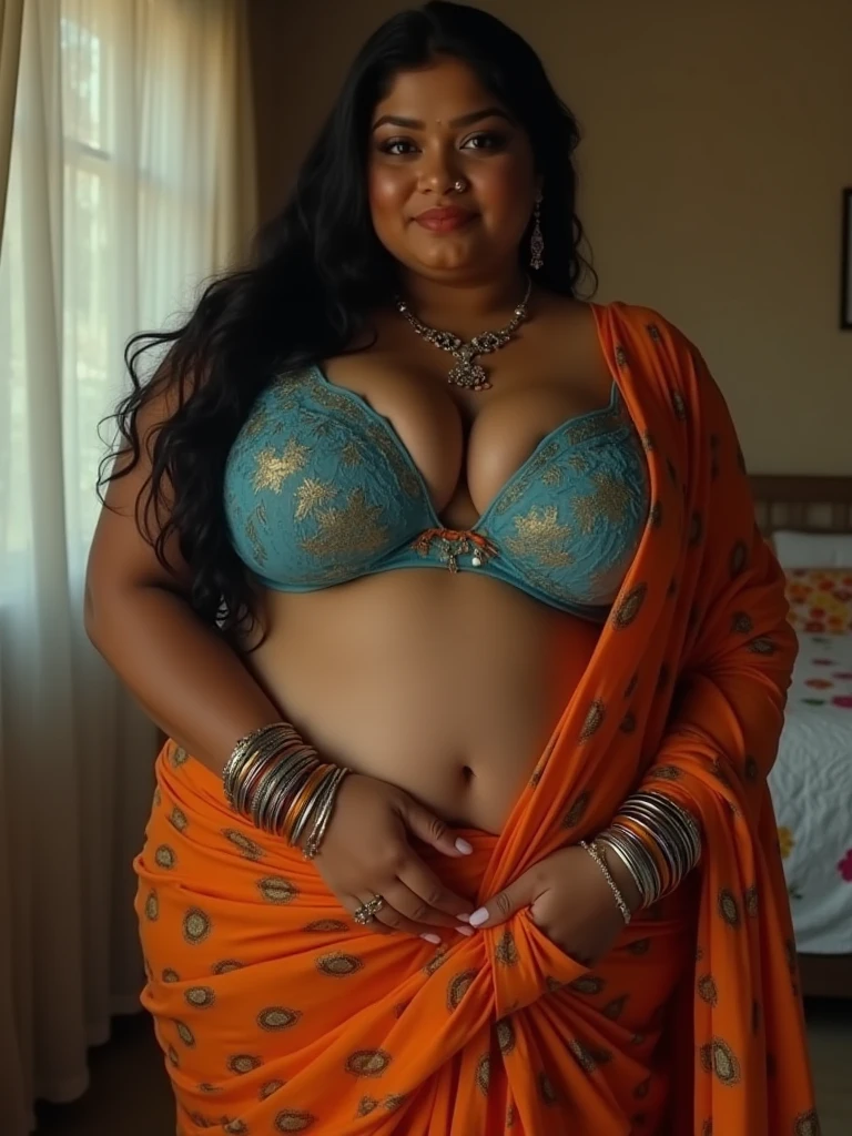 create A beautiful gorgeous plump Indian 45-year-old woman wearing a saree sleeping on bed, hot cleavage, beautiful navel