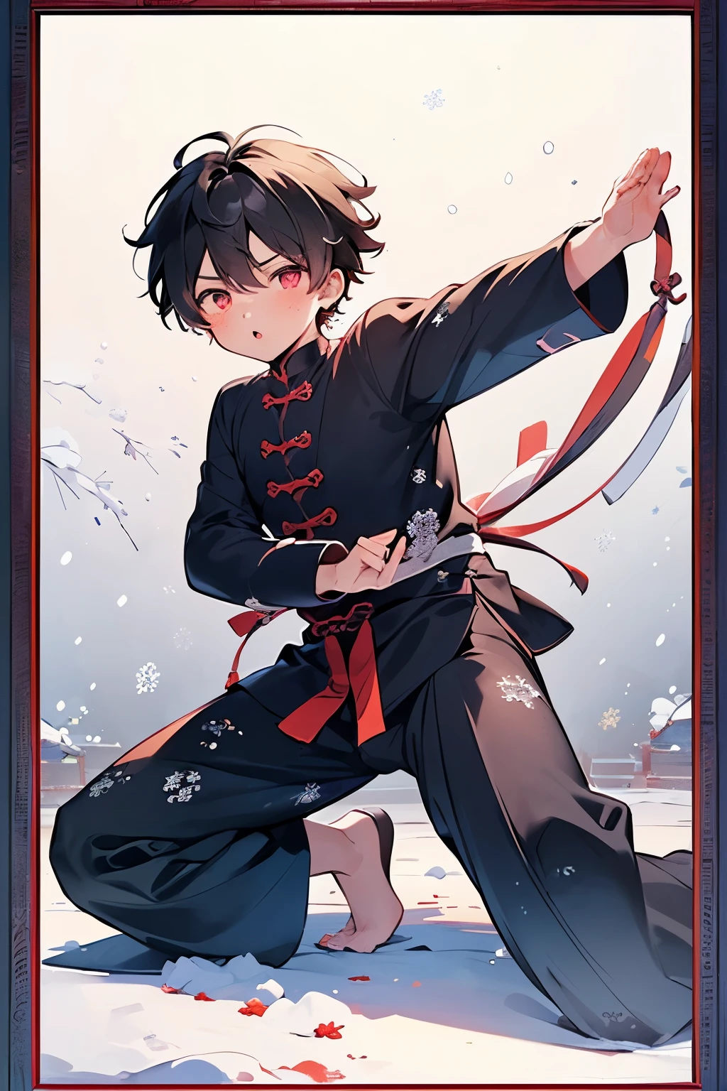 ((1-boy :1.5)),(( adult male:1.0)),black hair,(very short hair:1.0),(odd-eyes:0.85),((Kirakira eyes :1.0)),(looking viewer:0.8),(looking up:0.5),((kawaii)),((tai chi Pause:1.5)),(Active Pause:1.3),(open to mouth:1.0),(portrait:0.8),((long sleeve naked jacket:1.0)),((naked,nsfw:1.0)),((snow and Frame pattern background:1.3)),((dark skin body:1.1)),full body,(( serious face))