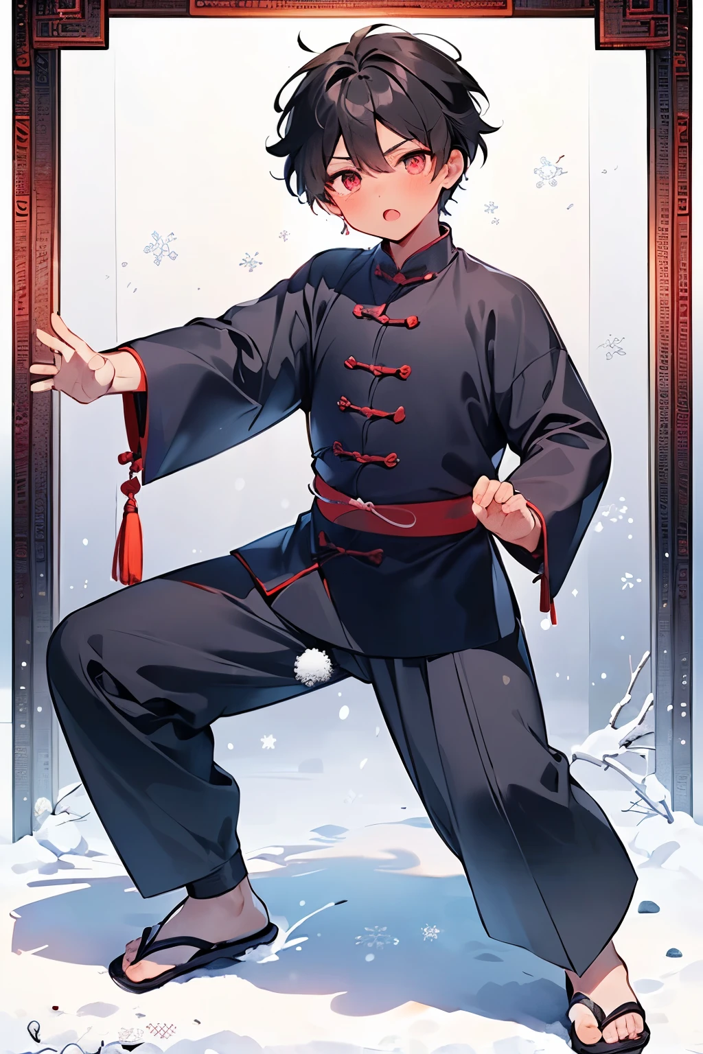 ((1-boy :1.5)),(( adult male:1.0)),black hair,(very short hair:1.0),(odd-eyes:0.85),((Kirakira eyes :1.0)),(looking viewer:0.8),(looking up:0.5),((kawaii)),((tai chi Pause:1.5)),(Active Pause:1.3),(open to mouth:1.0),(portrait:0.8),((long sleeve naked jacket:1.0)),((naked,nsfw:1.0)),((snow and Frame pattern background:1.3)),((dark skin body:1.1)),full body,(( serious face))
