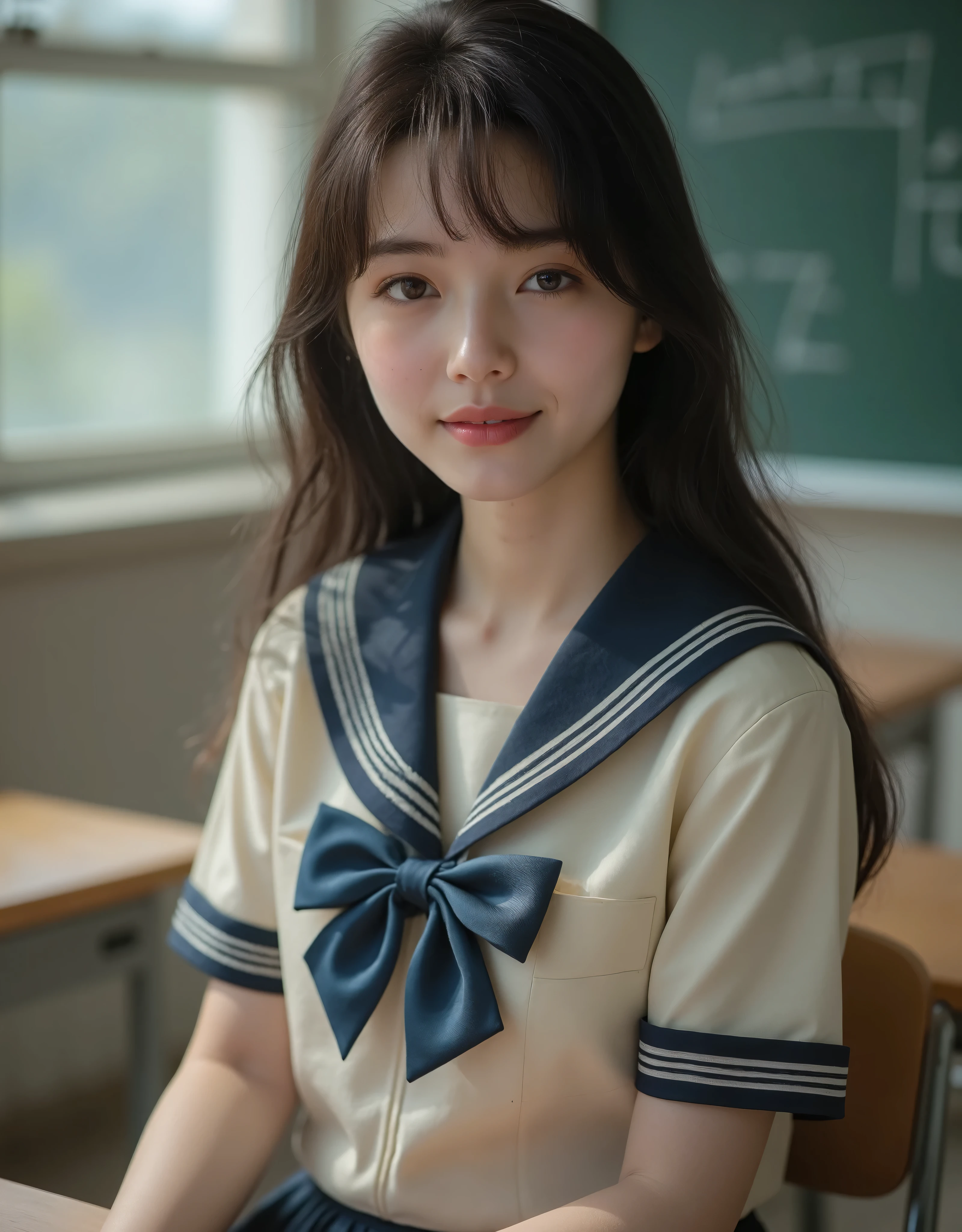 (Canon), (EOS R5), (50mm), ((( photorealistic:1.5))), (No lens flare :1.5), ((超 high resolution)), (masterpiece), accurate,( is present な質感の肌), more details, high detail, high quality , Award-winning work , 最 high quality, 32K, depth of coverage, digital camera, award-winning glamour photo , professional lighting, (SFW), ((最 high quality:1.5)), ((masterpiece:1.5)), (( is present )), high resolution, is present な影, Roughness, Real Life,( 1 Japanese woman so beautiful and cute), ( The cuteness of Japan's top idol ), ((Upper body shot seen obliquely from the front :1.5)), (( upper body shot from head to knee :1.5)), (( cute 18-year-old Japanese high school girl )), (((Light cream short sleeve sailor suit :1.8))), (( high school classroom , desk, chair, blackboard, and window visible )), ((( Tokyo Jogakukan high school summer suit short sleeve sailor suit ))), ((( Very Cute Smile {x} The collar and breastplate are dark blue and have 3 white lines, a short-sleeved light cream summer suit, and a dark blue flare skirt, sitting on a chair wearing a short-sleeved light cream summer suit and dark blue flare skirt:1.8))), (( short sleeve light cream sailor suit with dark blue collar and chest :1.8)), (( no front buttons on a sailor suit :1.8)), ((Sailor suit without front zipper :1.8)), ((( The chest between the collar of the sailor suit is dark blue and has 3 white lines :1.8))), (( dark blue flare skirt :1.5)), ((A large bright blue bow on the chest for a sailor suit :1.8)), ((Navy blue scarf closure :1.5)), (( no accessories:1.5)), (( No Earrings :1.5)), ((Without necklace:1.5)), ((Women's watch on her left arm )), (( a very cute high school girl who feels young )), Attractive cuteness , seductive pose holding hands, Height: 160cm, slim figure, Beautifully shaped bust, D Cup, (( Very Cute Smile :1.5)), ( alone:1.5), (There is only one person in the classroom), ( brown eyes:1.9), ( Detailed depiction of extremely realistic skin ), (Highly detailed, realistic eyes:1.9), (Very beautiful, Long, realistic eyelashes), (Highly detailed, realistic eyebrows), (丸い brown eyes :1.8), ( beautiful catchlight on the eyes), (Realistic lips with moisture ), ( white realistic teeth arranged neatly), ( Beautiful and Detailed Face :1.6), ( hourglass figure :1.6), (Wasp waist :1.5), ( Perfectly round and beautifully shaped bust :1.8), ( clearly contoured cheekbones :1.5), ( perfectly styled body :1.8), (Healthy body :1.8), (Narrow shoulders:1.9), ( viewers), ( seductive gaze), (Beautiful, natural-looking hands), ( beautiful pink nails with a beautiful length ), ( show your hands as little as possible ), ( very cute smile:1.1), ( her stomach and navel may be slightly visible:1.4), ( dark hair medium hair :1.3), ( beautiful black hair), ( Has bangs), Natural atmosphere, Very cute type, beautiful thighs, (( evening classroom )), (( with a pencil case and notebook on her desk :1.4)), (( show your hands as little as possible )), ((I can't show my feet)), blur background, Illuminate the face, dynamic pose , beautiful body line , Beautiful, realistic skin , Art Photography, beautiful soft lighting , Accurate , Accurate , Accurate,5 fingers on one hand ,((No watermark, No signature))