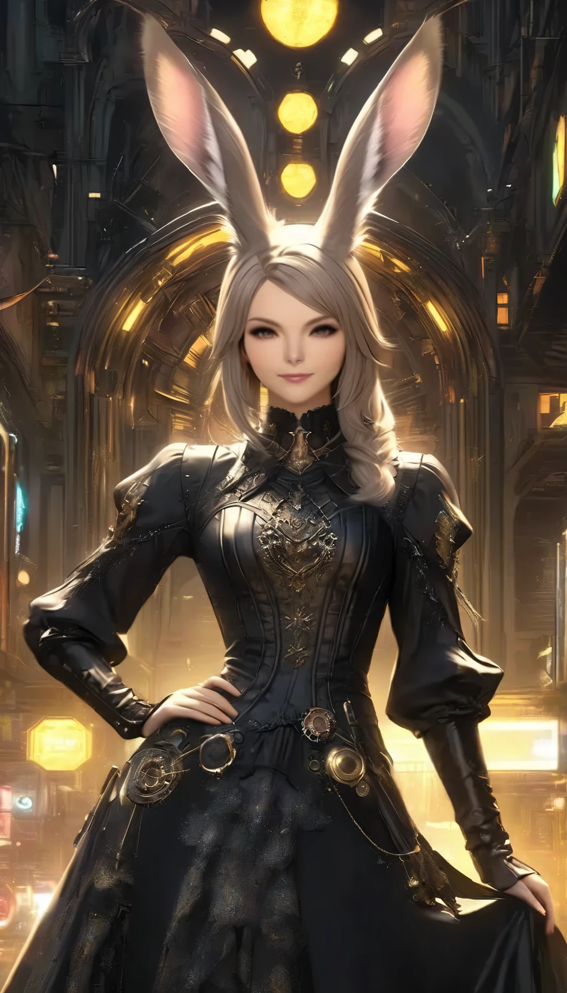 best quality , high resolution, 16k, unbelievably ridiculous , very detailed, 2.5D, Delicate and Dynamic ,((viera)), One charming girl , enchanting smile , , amazing style , gothic black long dress , English style steampunk ,,, cyberpunk, Glitter Effects , , , ,