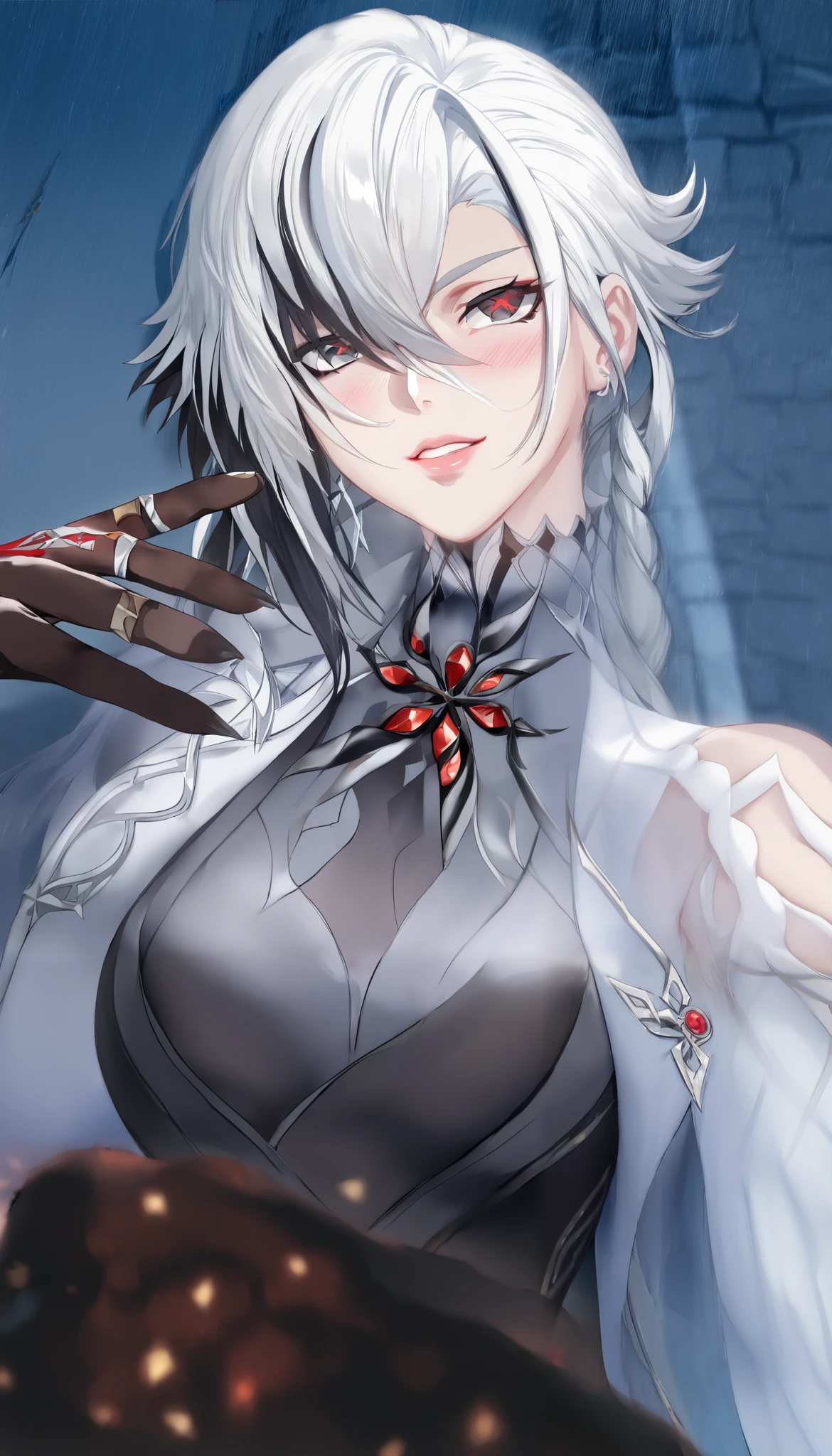 ( hews art style :0.7), score_9, score_8_arriba, score_7_arriba, score_6_arriba, uncensored , Arlecchino de Genshin Impact, long hair, silver hair, multicolored hair , black eyes, x-shaped parribail, BREAK ( masterpiece:1.2), best quality, alta resolución, ( beautiful detailed eyes:1.3), perfect lighting , ( perfect hands, perfect anatomy), 1 girl, breasts, Alone, black hands, black arms , tattooed hands , tattooed arms, Gloves, Bermuda, looking at the spectator, Sideboob, brick wall, brown Gloves, manicure red, gold rings, standing, white jacket , tight pants , black pants, Single glove, belt, thighs, blush, dynamic pose, bare shoulders, leaning forward , t-shirt, sleeveless , opened her lips.