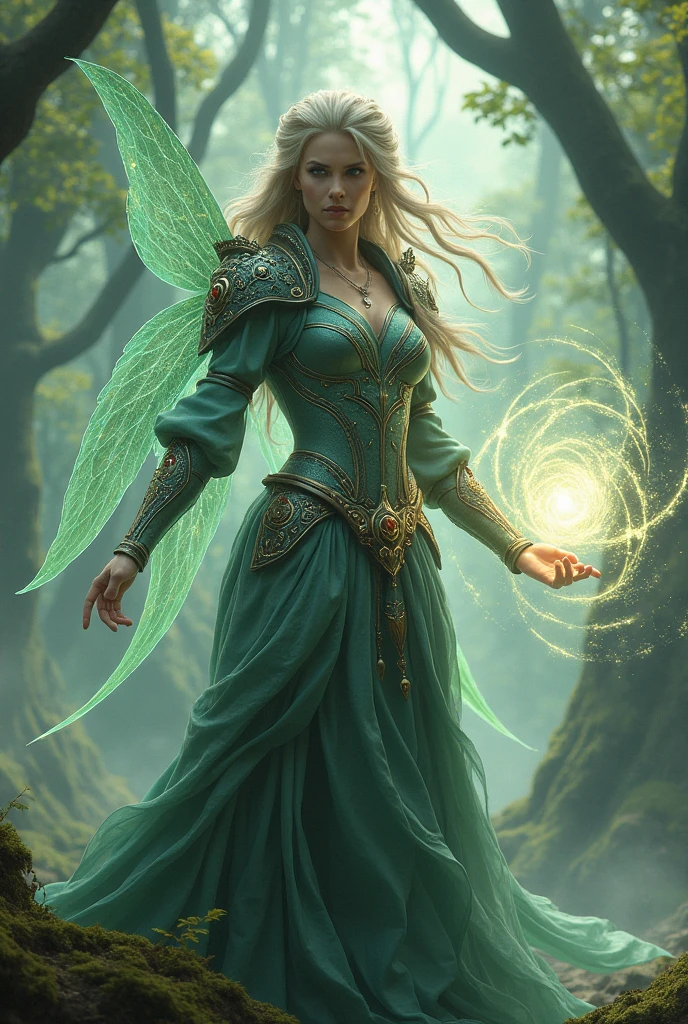 (masterpiece, photorealistic:1.4, extremely intricate:1.3), (photon mapping, radiosity, physically based rendering, ultra resolution, hyper-realistic, photorealistic:1.4, hyper-realistic, 8K), (((blonde buxom Sylph, large breasts))) Green gold sorceress, staff raised, lightning power