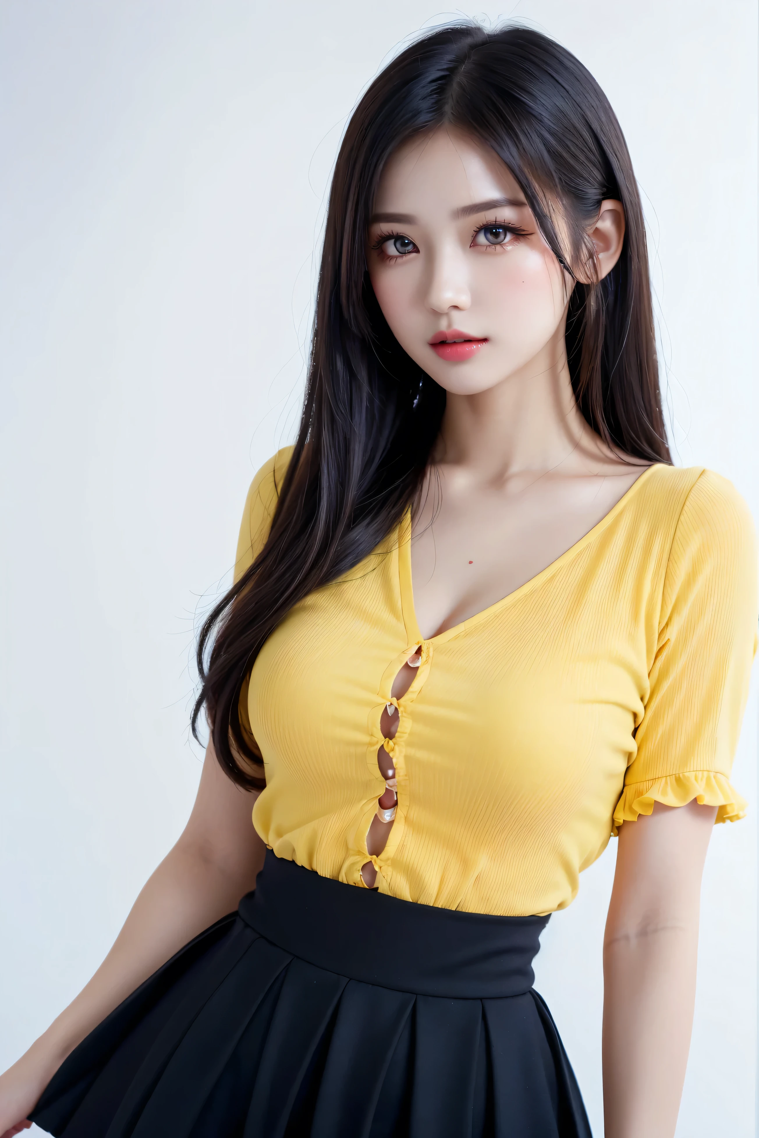 (Canon RF85mm f/1.2), (8k, RAW photos, best quality), (masterpiece), (realistic, photograph realistic:1.7), (ultra-detailed, High detail, Best image quality, super detailed, high resolution, Very detailed, Extreme detail description, hyperdetailed painting, An extremely delicate and beautiful work), Beautiful detailed girl, solo girl, ((Perfect Figure)), Very detailed eyes and face, fair skin, noble beauty, ((detailed skin texture, pore)), perfect anatomy, Beautiful detailed whole body, delicate face, (slender abs, slim waist, large hip), (medium breasts, Bulging breasts), (cleavage), (affectionate look, soulful eyes, glowing eyes), (clear blue eyes), (bouffant bangs hair:1.2), (smile:1.0), (Enchanted expression), (charming appearance), ((sexy open button yellow shirt with white skirt:1.4)), (wear hairclip, necklace, earrings), ((outside the company, office)), physically-based rendering, Realistic lighting, (((upper body:1.3))), ((looking at viewer)), ((arms around chest compression:1.2))