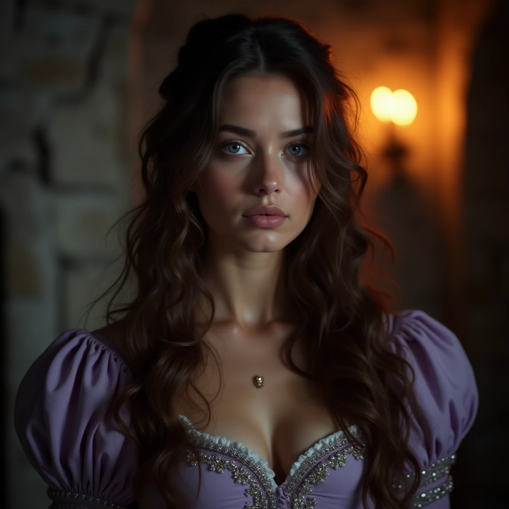 a woman with long hair wearing a dress, cinematic goddess close shot, olivia culpo as milady de winter, cinematic goddess shot, gorgeous woman, karol bak uhd, 4 k detail fantasy, by Roman Bezpalkiv, superb detail 8 k masterpiece, as a medieval fantasy character, superb detail 8 k, portrait shot 8 k, natalie portman as a goddess