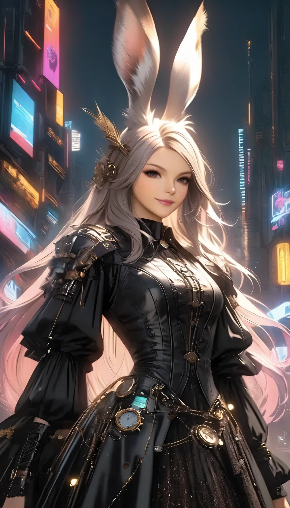 best quality , high resolution, 16k, unbelievably ridiculous , very detailed, 2.5D, Delicate and Dynamic ,((viera)), One charming girl , enchanting smile , , amazing style , gothic black long dress , English style steampunk ,,, cyberpunk, Glitter Effects , , , ,
