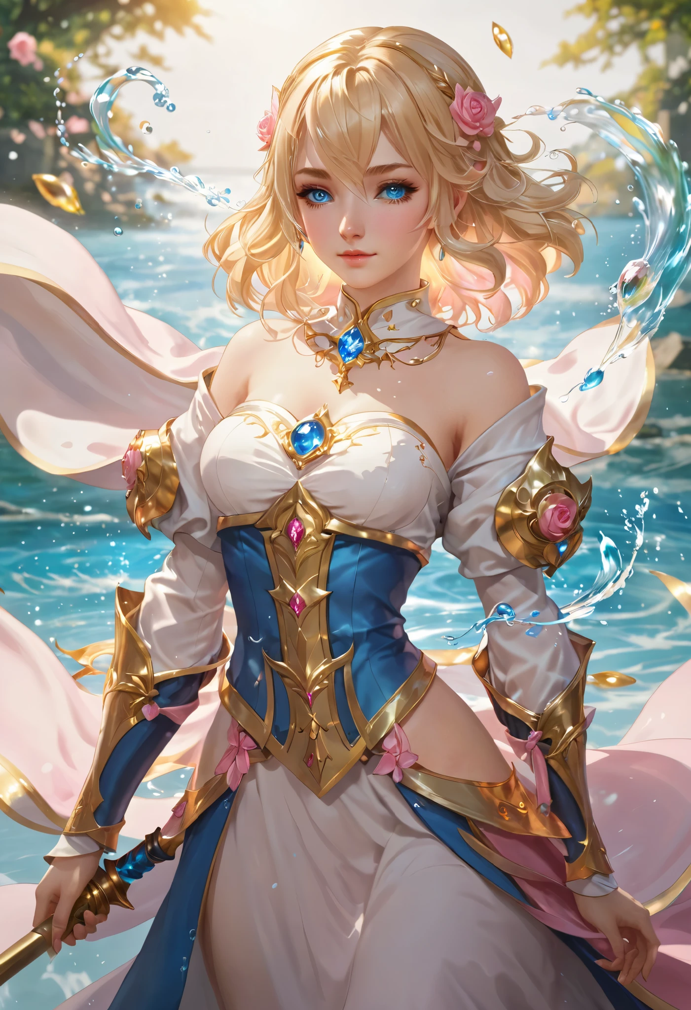 A detailed character of a girl 22y, human, female, blonde medium hair with pink mechas, loiro com pontas rosas, robe, mágica, maga, BLUE eyes, water elemento, water effects, white and Gold robe, cleric, heal magician pose, Lineage 2, medieval, fantasy, RPG