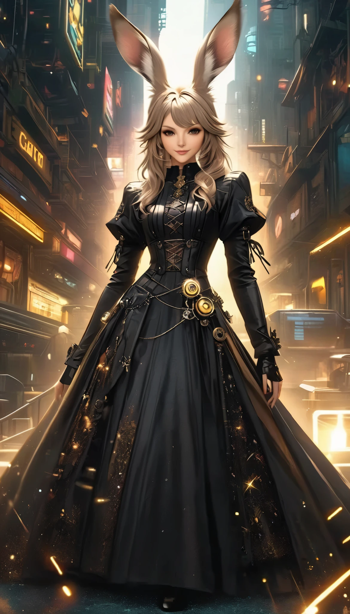 best quality , high resolution, 16k, unbelievably ridiculous , very detailed, 2.5D, Delicate and Dynamic ,((viera)), One charming girl , enchanting smile , , amazing style , gothic black long dress , English style steampunk ,,, cyberpunk, Glitter Effects , , , ,