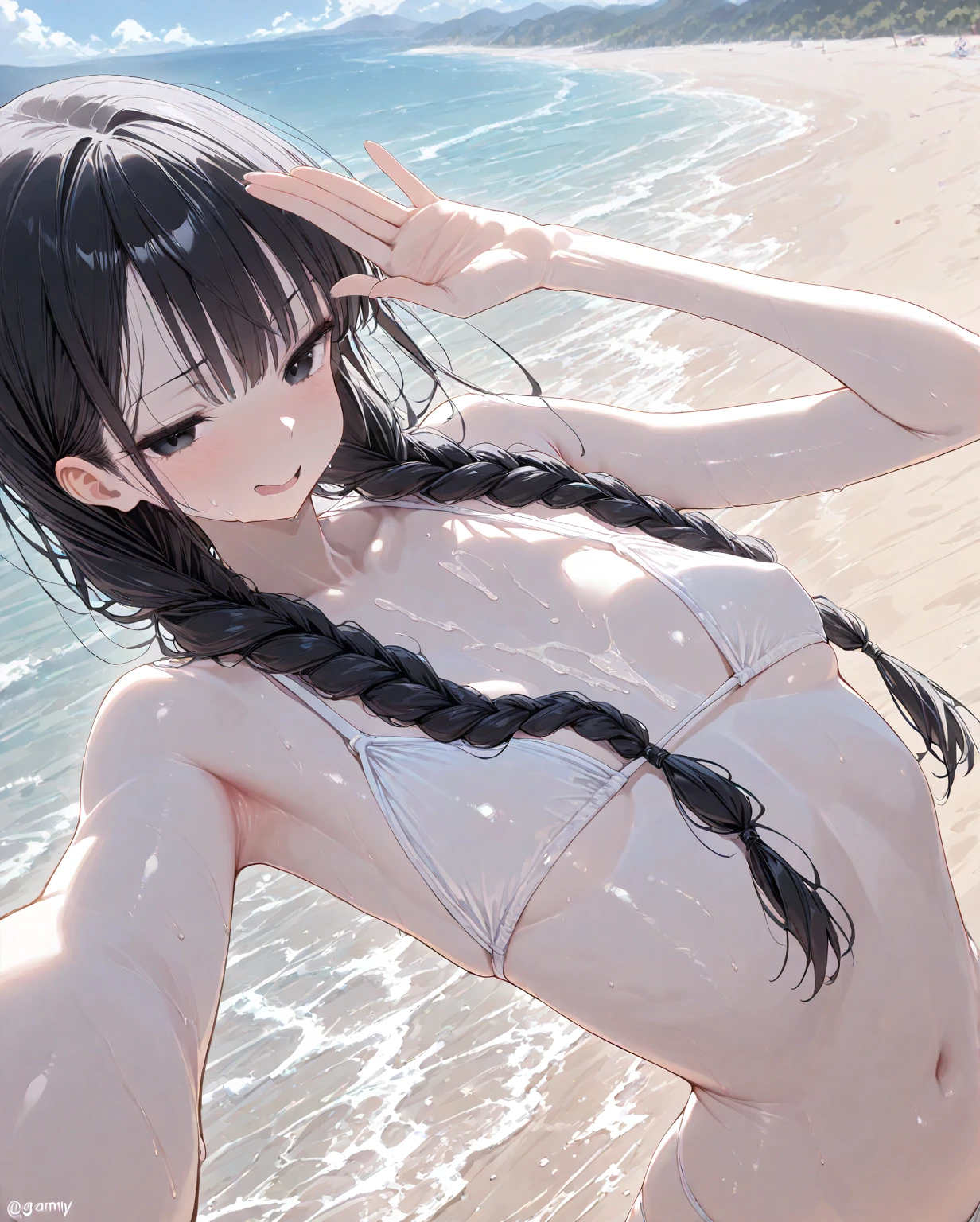 ,Girl,,Flat Chest,Full nudity,Highest quality、High resolution、Detailed Background、Beautiful face in every detail、Teenage Beaulack Hair、Shortcuts、Embarrassing、boost mood、 Summer sun、Shining Sea,Hands behind back