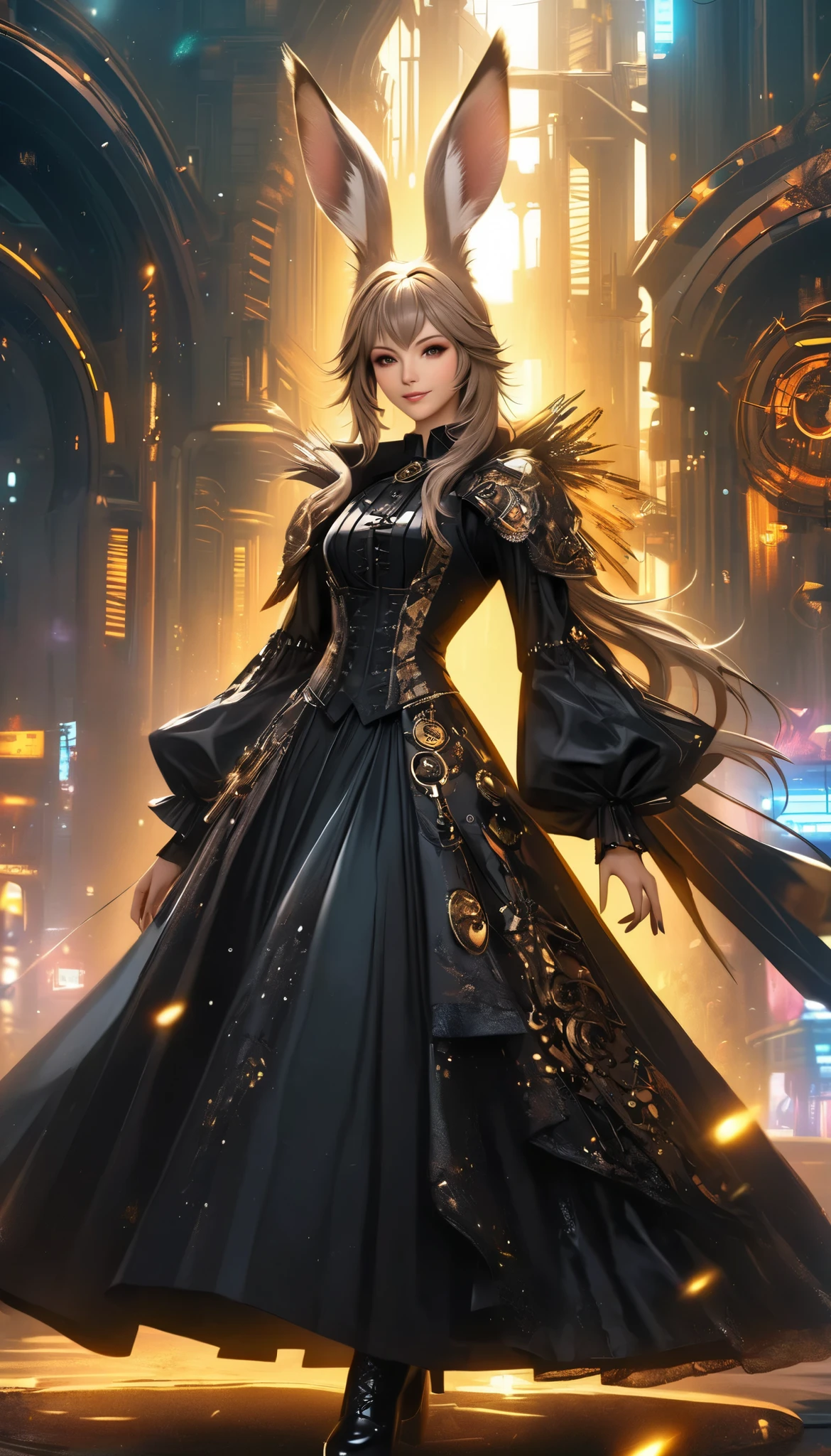 best quality , high resolution, 16k, unbelievably ridiculous , very detailed, 2.5D, Delicate and Dynamic ,((viera)), One charming girl , enchanting smile , , amazing style , gothic black long dress , English style steampunk ,,, cyberpunk, Glitter Effects , , , ,