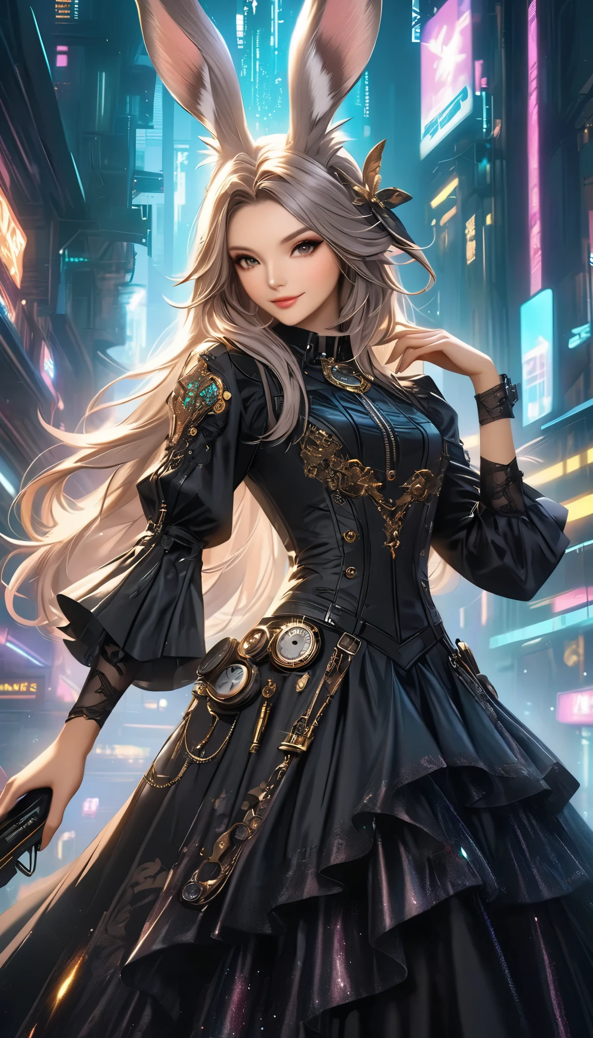 best quality , high resolution, 16k, unbelievably ridiculous , very detailed, 2.5D, Delicate and Dynamic ,((viera)), One charming girl , enchanting smile , , amazing style , gothic black long dress , English style steampunk ,,, cyberpunk, Glitter Effects , , , ,