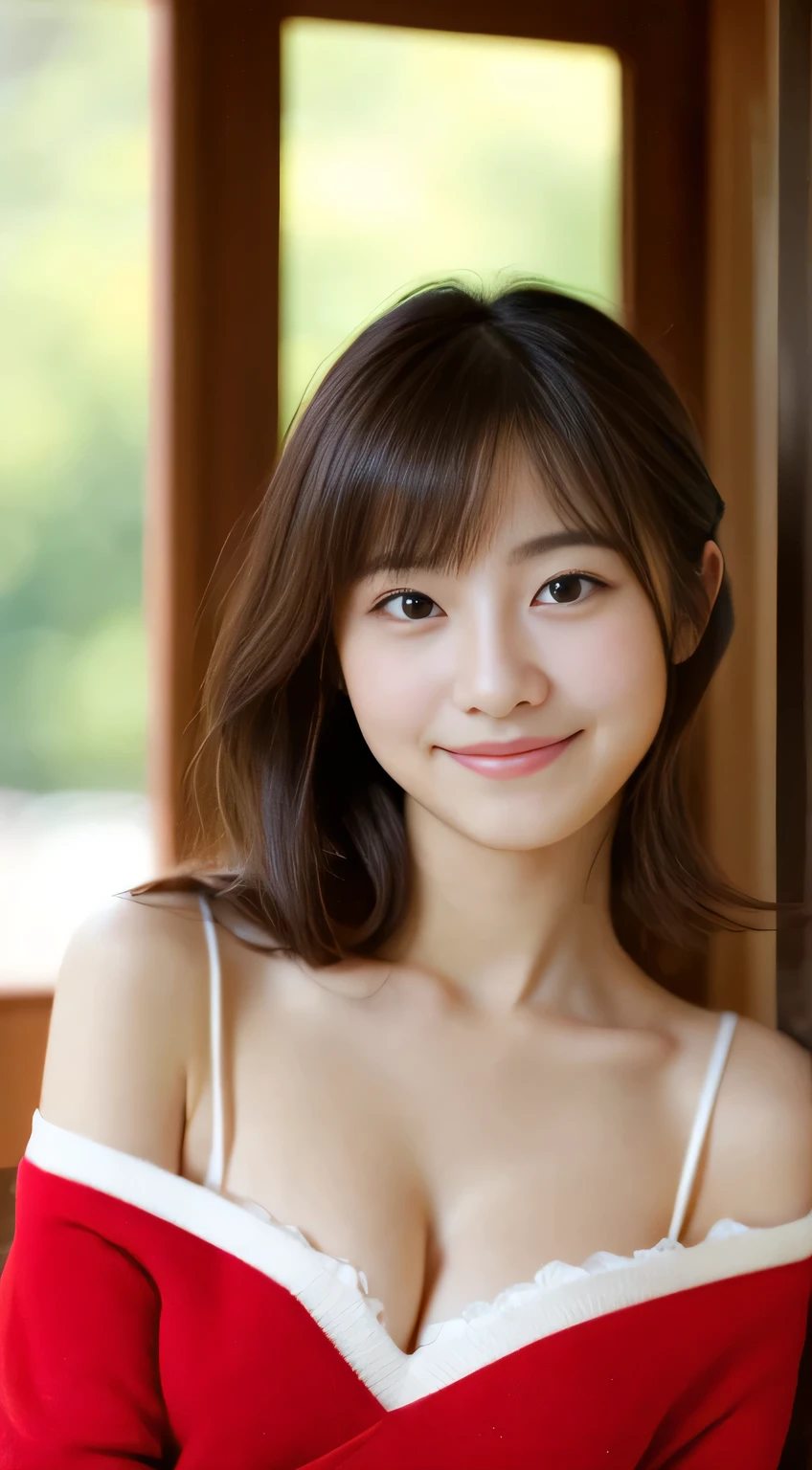masterpiece,best quality,(Japanese ),((Beautiful girl)),cleavage,indoor,(perfect body beauty:1.2),(shy smile),beautiful teeth,
