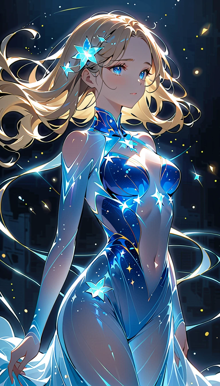 A woman with long hair and a flowing dress stands in the darkness, Blonde girl in cosmic dress, Amazing young ethereal figure, cosmic goddess, Astral appearance, galaxy goddess, Space Girl, Astral Fairy, Divine cosmic feminine power, Cosmic hair anime girl, goddess of space and time, Channeling rotational energy, A glowing halo surrounds her,Light,cleanness,Reflective,refractions,Ray traching,super-fine,Hyper-realistic,best qualtiy
