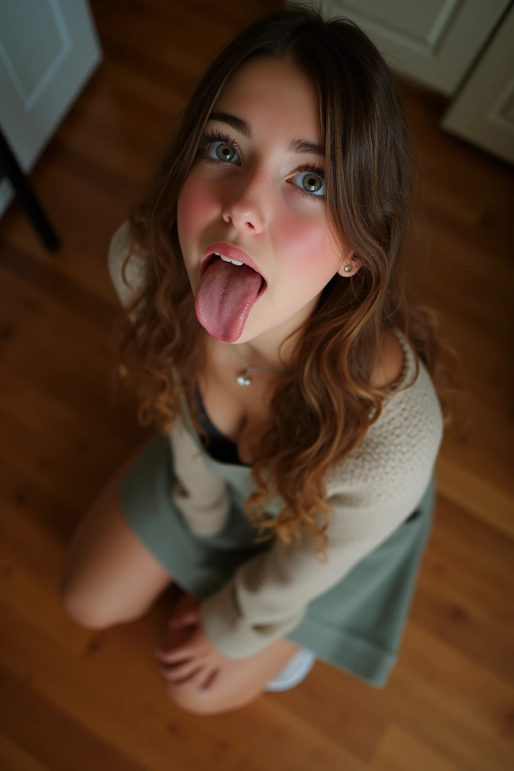 Evie, , in a classroom, nude, naked, looking at the camera , , ,, from above, on her knees, , , tongue out, aheago, detached hair