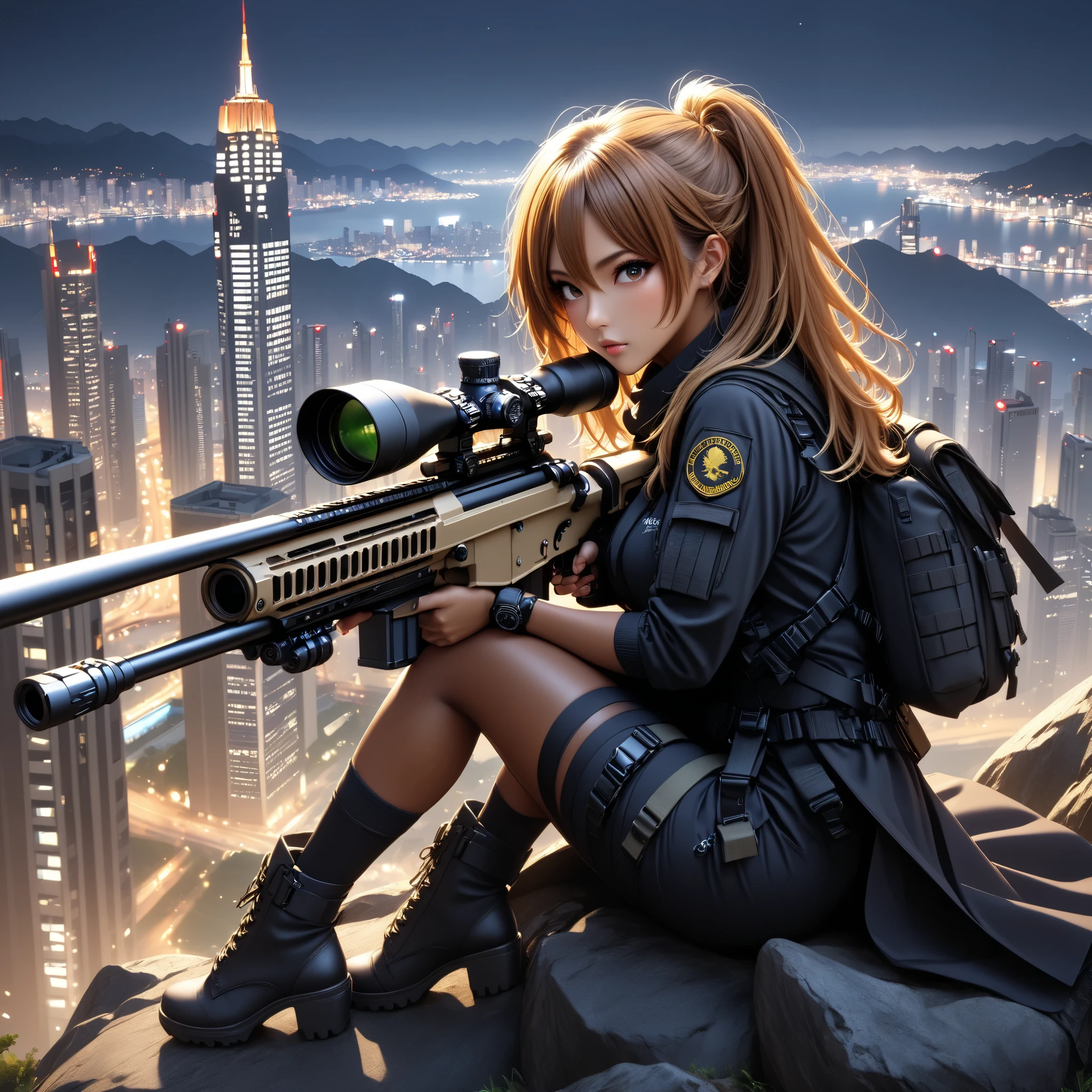 1 girl in the best, sniper ライフル、 sniper 、Master sniper 、 special forces 、 matte brown skin , full body,Mountain top、 Big City Night View