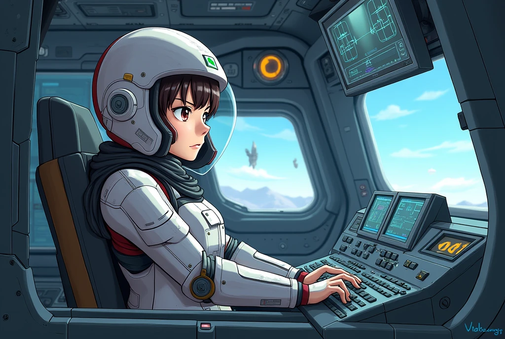 A girl pilot wearing a bulky robot suit, piloting a space fighter ...