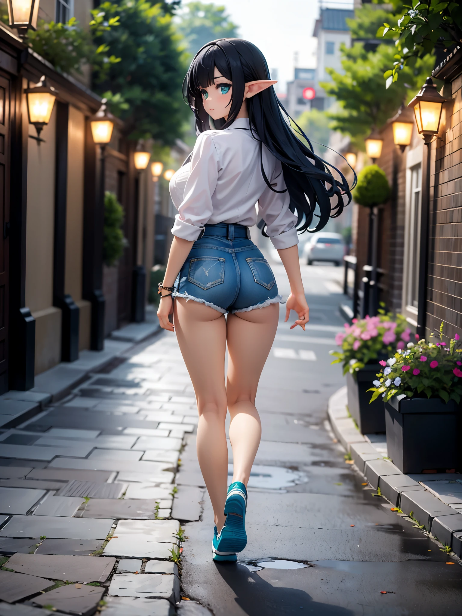 detailed image, beautiful image, 1 elf, black hair, long hair, turquoise eyes, has large breasts, short waist, wide hips, big butt, wearing a baggy designer blouse, denim mini shorts, casual sneakers, walking on cobblestone ground, around many flowers, ambient light, artificial light,