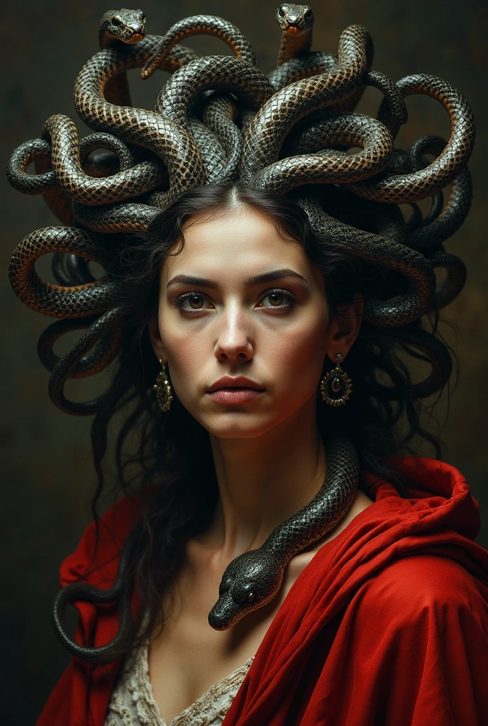 of a woman with snakes on her head and a red cape, pintura Portrait of Medusa, Portrait of Medusa, dark Portrait of Medusa, Medusa, portrait of the age Medusa , her many snakes like hair , fierce medusa, Evil Godess , Black Queen of Snakes , Medusa made of wax , Hecate, Underworld Queen , snake-faced woman , portrait of an octopus goddess