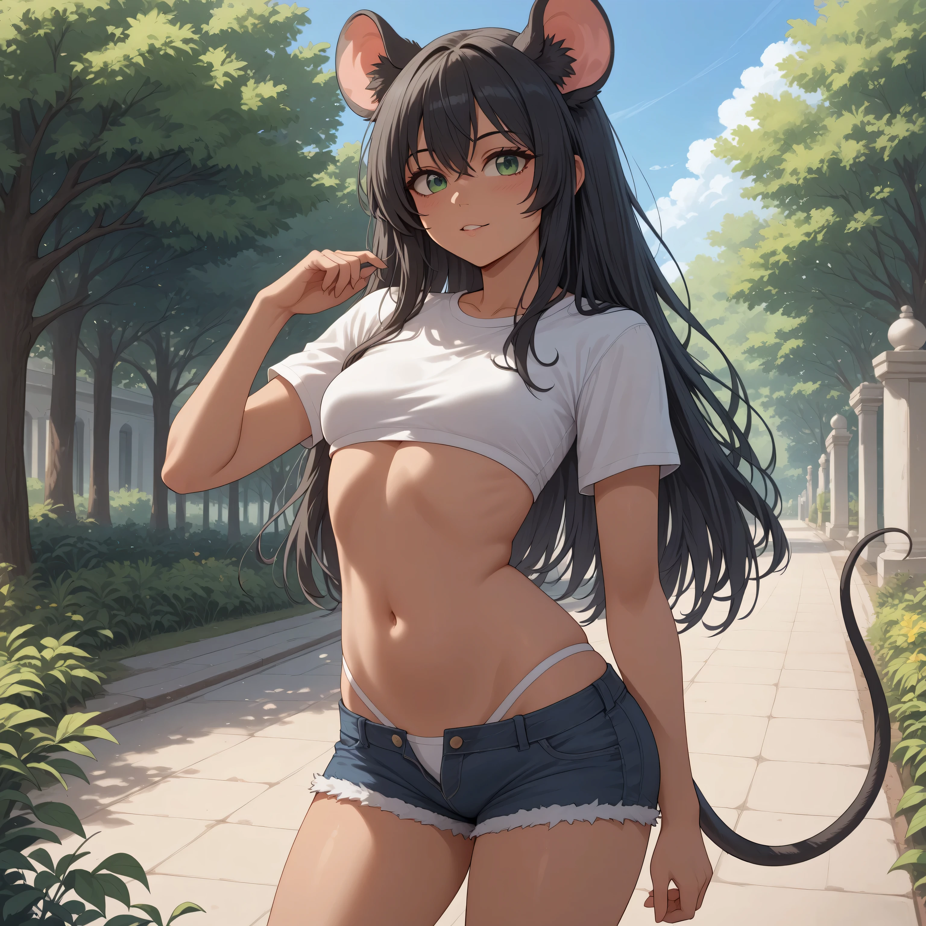 (Masterpiece) (High Detail) (High Res) A tiny short small Humanoid Mouse Female with tanned skin and bright green eyes and long black hair and fluffy black mouse ears and a mouse tail and small breasts. She is wearing a pair of shorts and a crop top. She is stood in a park. Long Hair. Tanned skin. Black mouse tail.