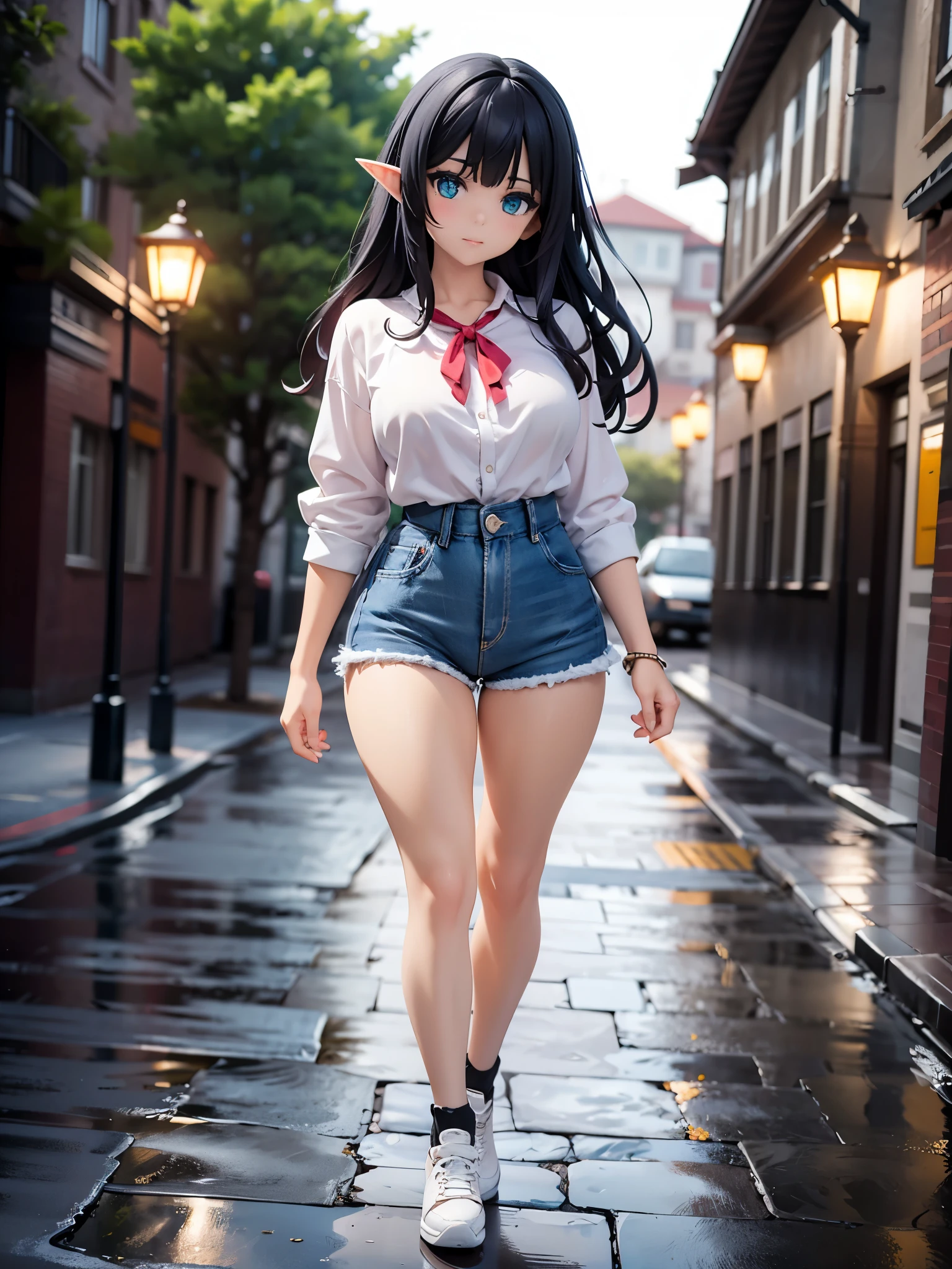 detailed image, beautiful image, 1 elf, black hair, long hair, turquoise eyes, has large breasts, short waist, wide hips, big butt, wearing a baggy designer blouse, denim mini shorts, casual sneakers, walking on cobblestone ground, around many flowers, ambient light, artificial light,