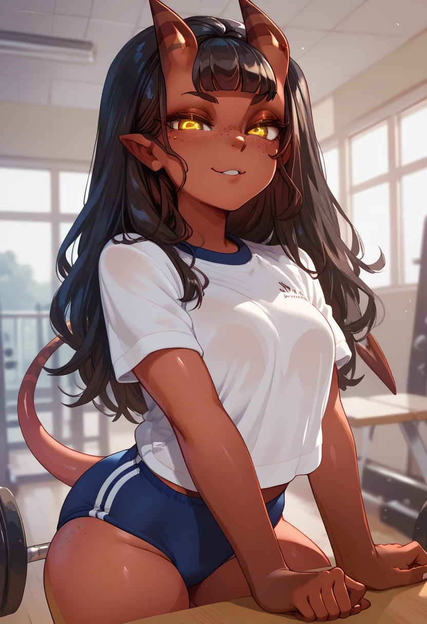 meruccubus (merunyaa), merunyaa, 1girl, brown hair, body freckles, breasts, colored skin, demon girl, demon tail,freckles, hair between horns, long hair, medium breasts, mole, moleunder eye, oni, oni horns, red oni, red skin, red tail, tail thighs, yellow eyes, sportwear, sports bra, yoga pants, abs