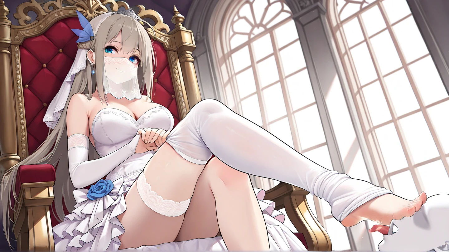 score_9, score_8_up, score_7_up, score_6_up, source anime,nero claudius \(bride\) \(fate\), nero claudius \(bride\) \(second ascension\) \(fate\), 1girl,masterpiece, best quality, highres, aanero, ahoge, head wreath. bridal veil, green eyes, detached collar, chain, padlock, bare shoulders, strapless, white leotard, white dress, zipper, detached sleeves, white gloves, white belt, garter straps, white thighhighs, garter belt, kneeling, hand on own chest,