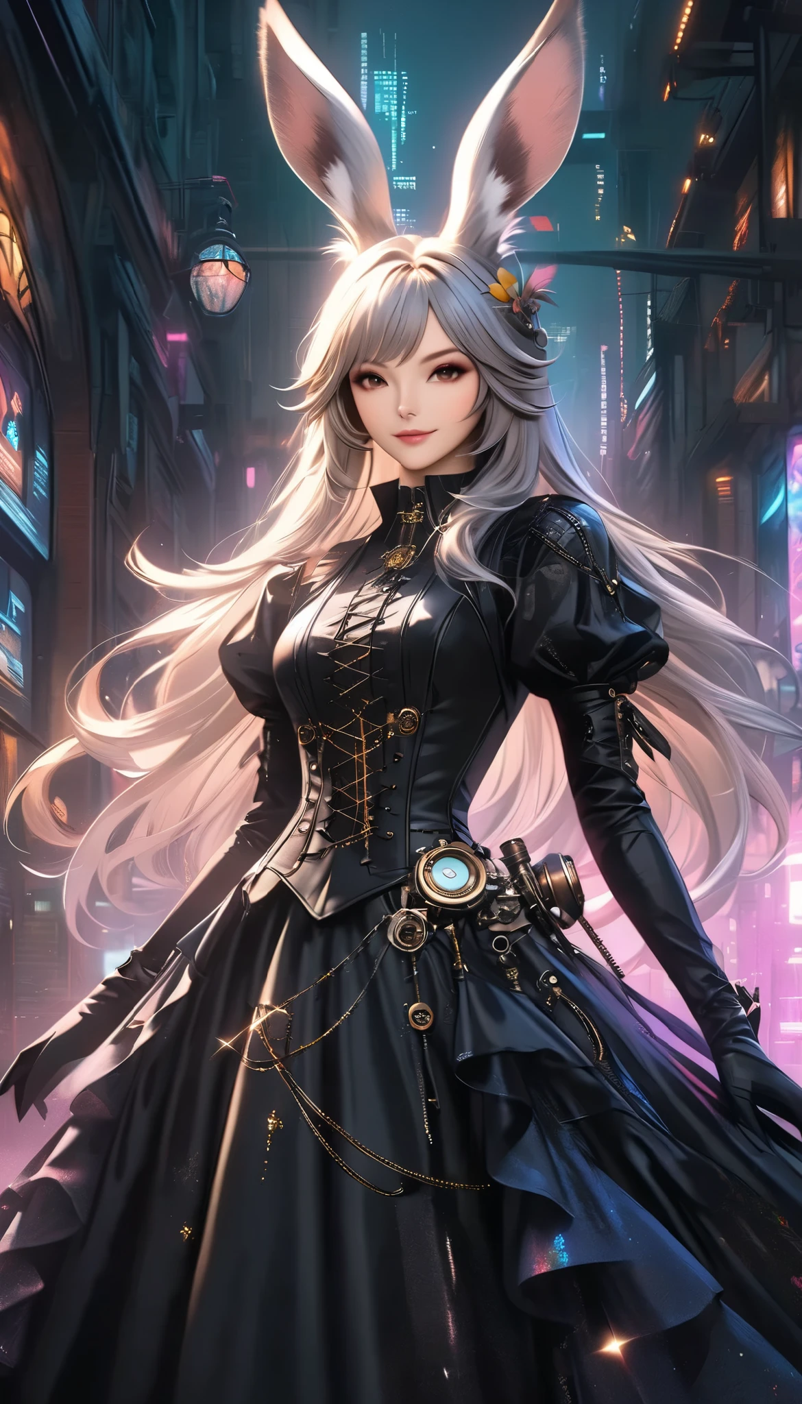 best quality , high resolution, 16k, unbelievably ridiculous , very detailed, 2.5D, Delicate and Dynamic ,((viera)), One charming girl , enchanting smile , , amazing style , gothic black long dress , English style steampunk ,,, cyberpunk, Glitter Effects , , , ,