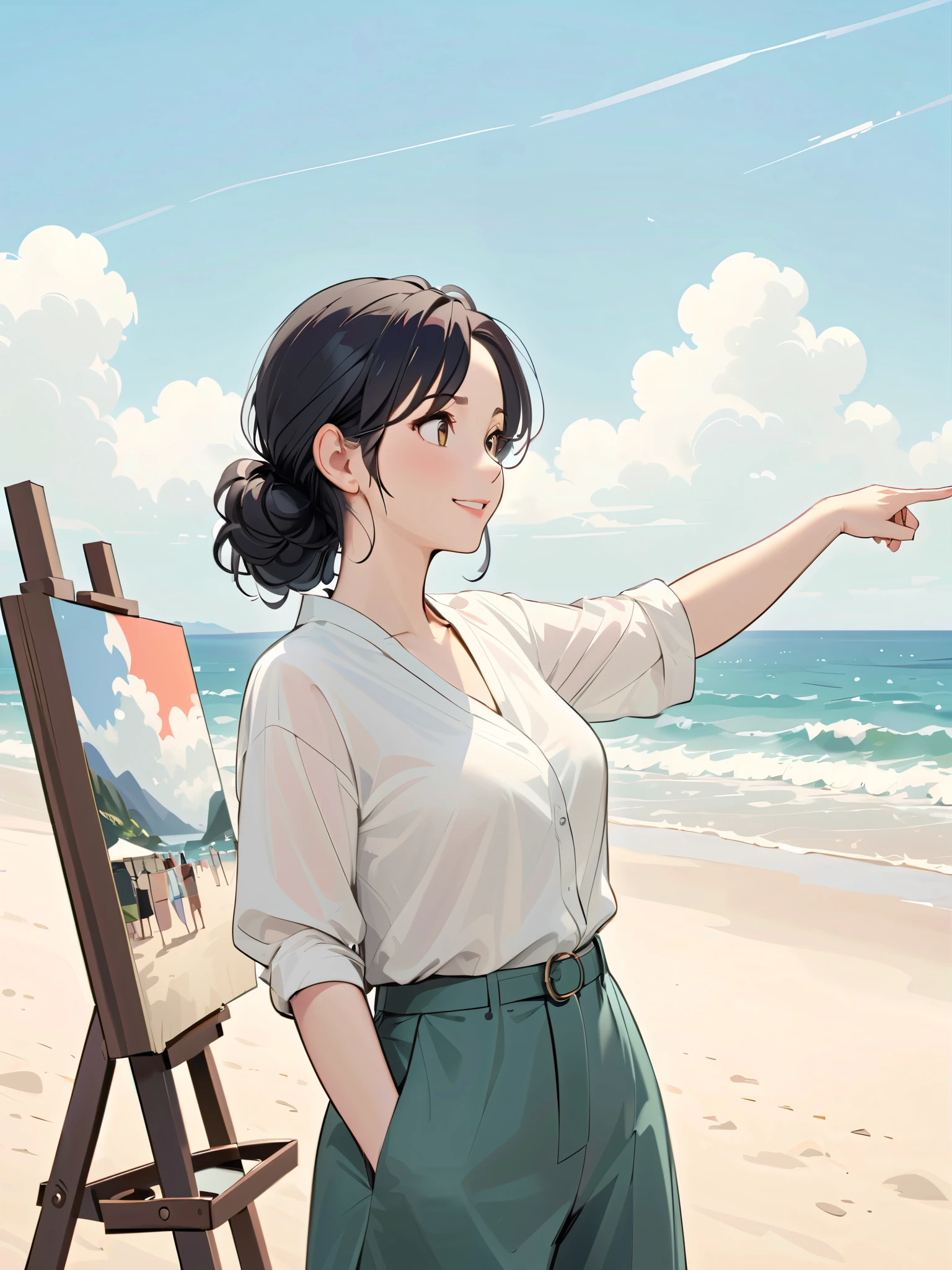  Santiago Carso style ， Alessandro Gottardo's Style,  flat coating , (( best quality)), illustration,  Eva Poklevska as Mike Azevedo＝Gojewo，Cartoon doodles ，  standing on the beach 、 White Clouds , 30 years old, japanese, casual wear, one woman, upper body, medium sized bust, smile, pointing, painting, painting style, swim suit, 