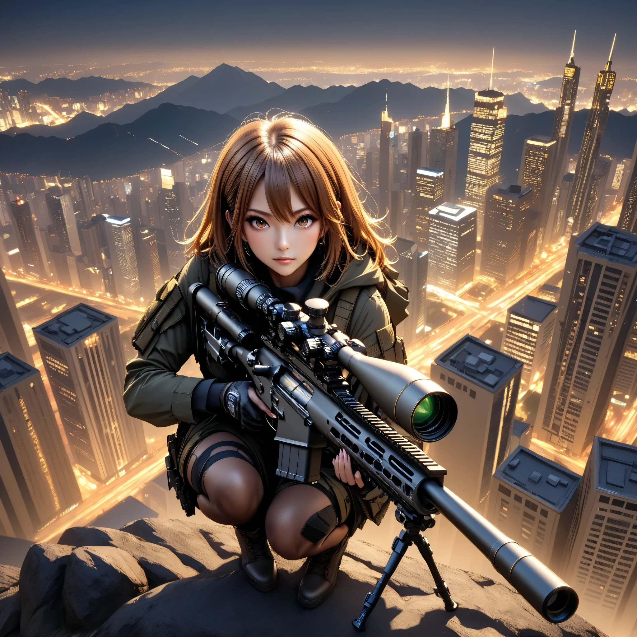 1 girl in the best, sniper ライフル、 sniper 、Master sniper 、 special forces 、 matte brown skin , full body,Mountain top、 Big City Night View