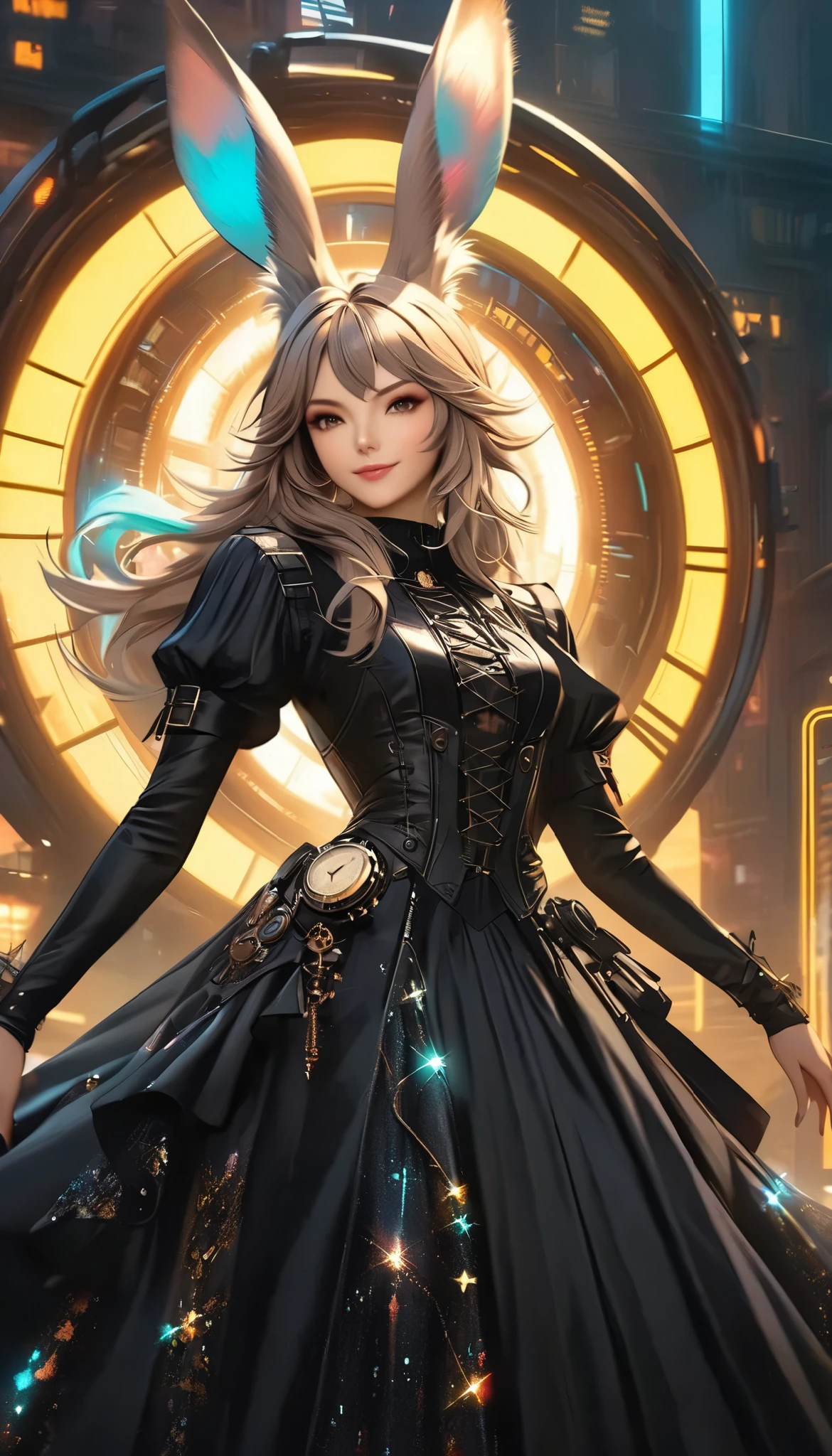 best quality , high resolution, 16k, unbelievably ridiculous , very detailed, 2.5D, Delicate and Dynamic ,((viera)), One charming girl , enchanting smile , , amazing style , gothic black long dress , English style steampunk ,,, cyberpunk, Glitter Effects , , , ,