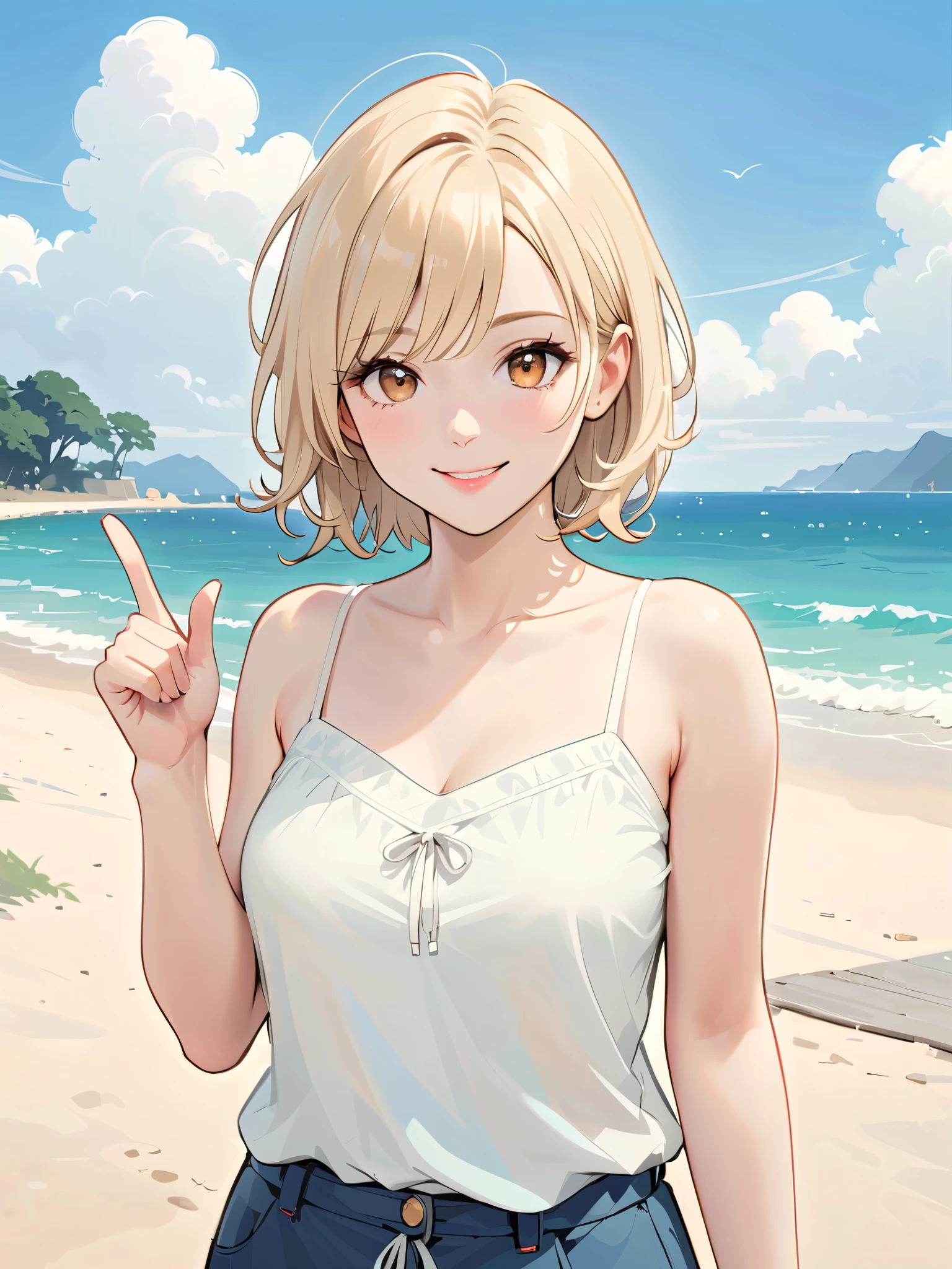 Santiago Carso style , Alessandro Gottardo's Style, flat coating , (( best quality)), illustration, Eva Poklevska as Mike Azevedo=Gojewo,Cartoon doodles , standing on the beach 、 White Clouds , 30 years old, japanese, casual wear, one woman, camisole, upper body, medium sized bust, smile, pointing, painting, painting style,