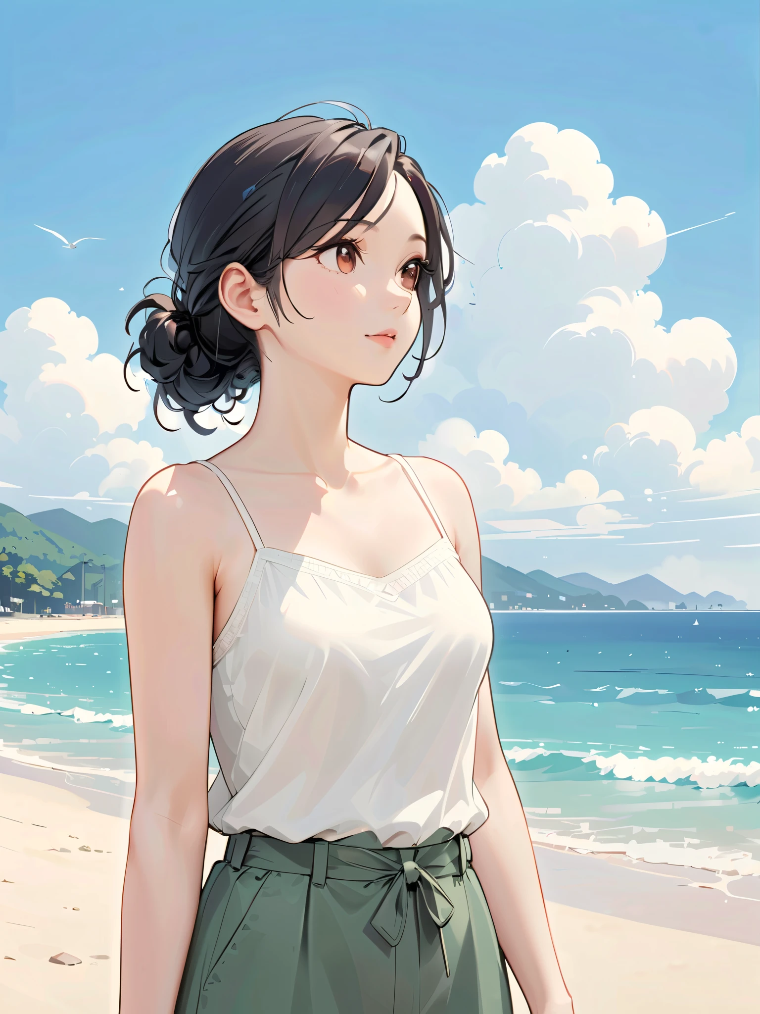 Santiago Carso style , Alessandro Gottardo's Style, flat coating , (( best quality)), illustration, Eva Poklevska as Mike Azevedo=Gojewo,Cartoon doodles , standing on the beach 、 White Clouds , 30 years old, japanese, casual wear, one woman, camisole, upper body, medium sized bust,