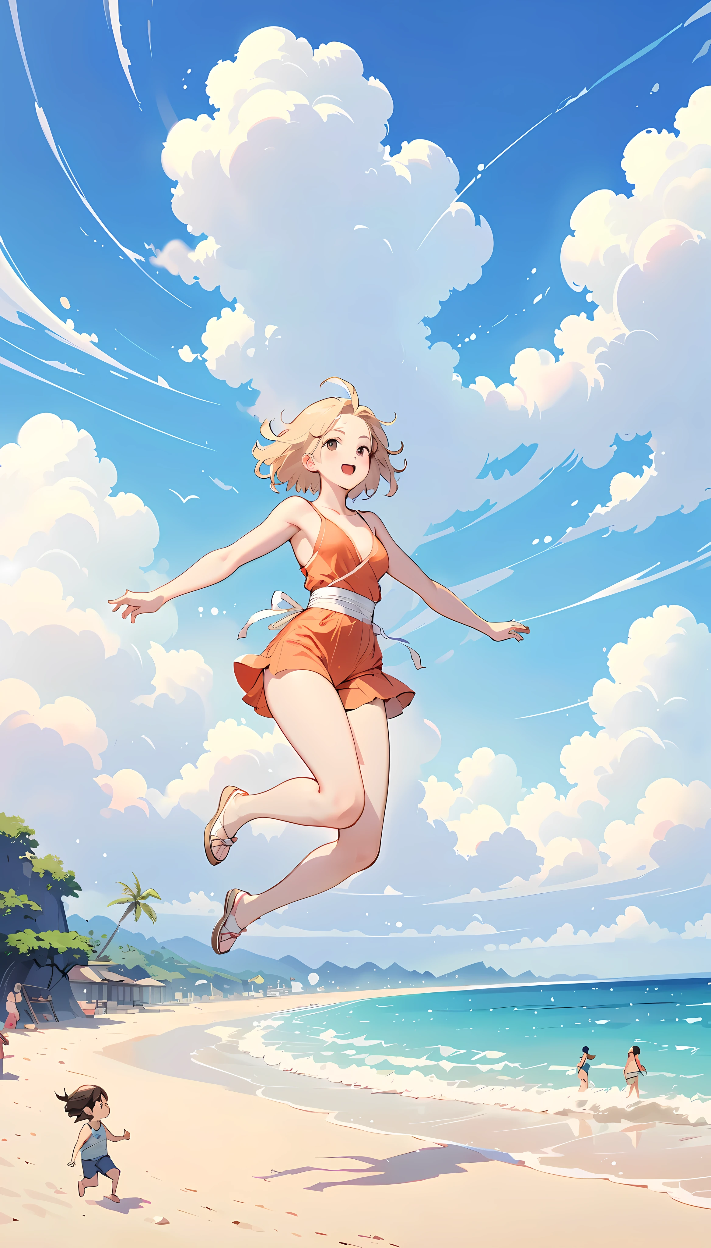  Santiago Carso style ， jumping girl drawn in the lower right corner of the screen 【 flat coating 】- (( best quality)), illustration,  Eva Poklevska as Mike Azevedo＝Gojewo，Cartoon doodles ，  standing on the beach 、 White Clouds ，Acrophobia，whole body, 30 years old, japanese lady, 