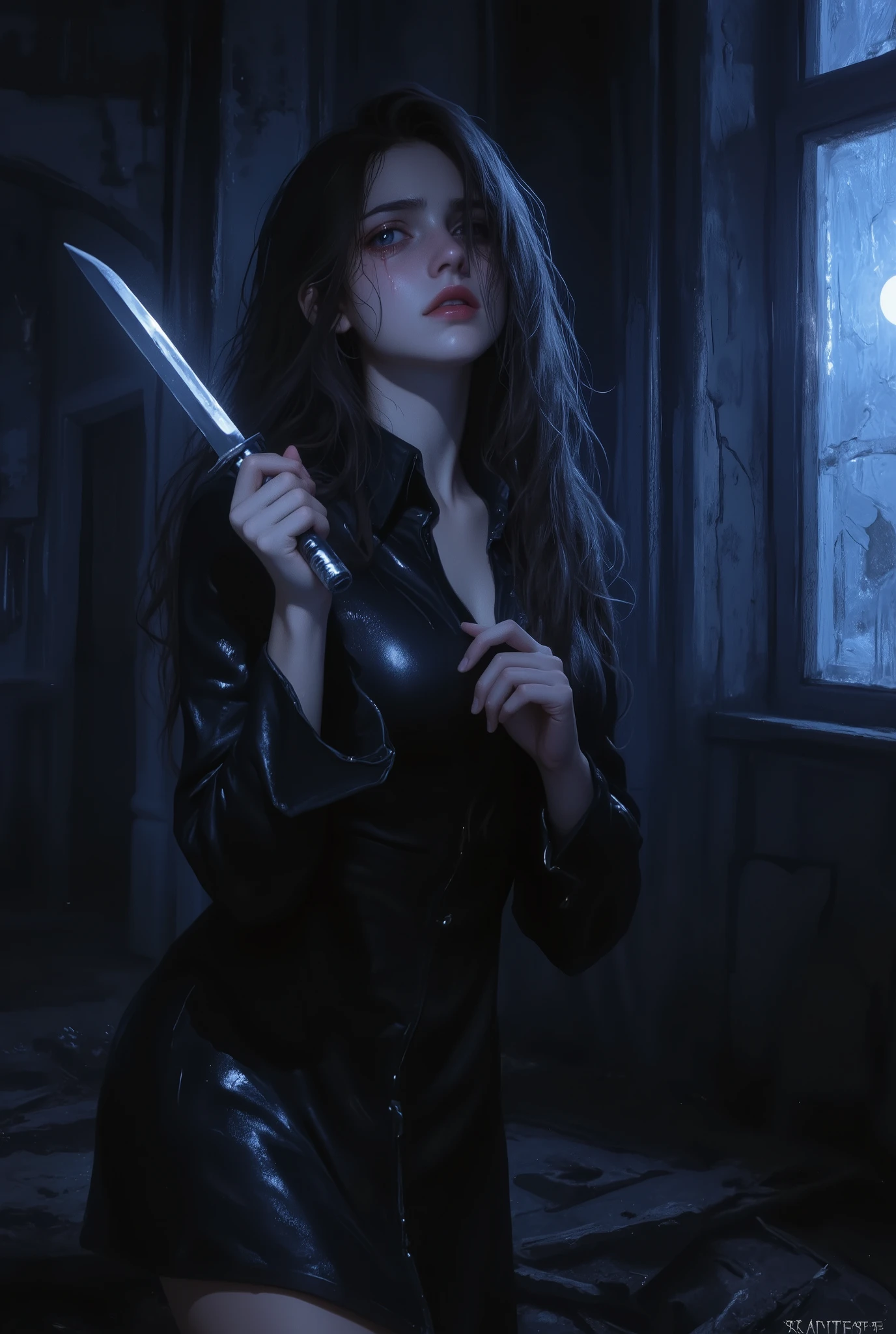 photo realistic, best quality, highly detailed, dramatic lighting, 1girl, standing, tense pose, gripping a silver knife tightly, long disheveled hair, tears running down cheeks, forced smile, trembling hands, dark room, broken mirror shards on the floor, cold blue and silver tones, faint glow from moonlight through window, emotional intensity, atmosphere of betrayal and heartbreak
