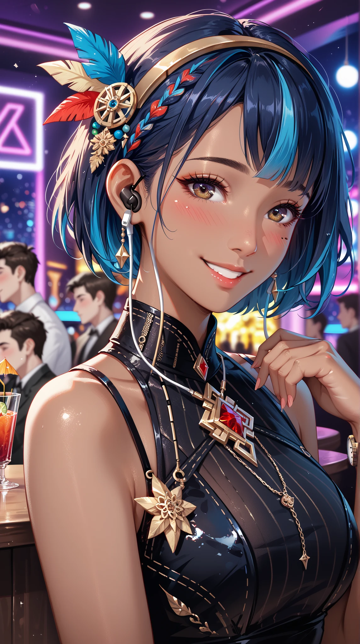 (best quality,4k,highres,ultra-detailed:1.2),vibrant colors,realistic,
portrait,1920s flapper girl,clothes of the era,swing,above a bar,sparkling lights,crowded room,energetic music,joie de vivre,smoky atmosphere,endless celebration,stylish dance moves,feathers and fringe,elaborate headpiece,moving gracefully,expressive eyes and lips,confident posture,captivating smile,socializing with friends,effortless charm,swinging with elegance,nostalgic ambiance,glamorous setting,art deco decor,classic cocktails,clinking glasses,happy laughter,free spirit,luxurious lifestyle,digital illustration