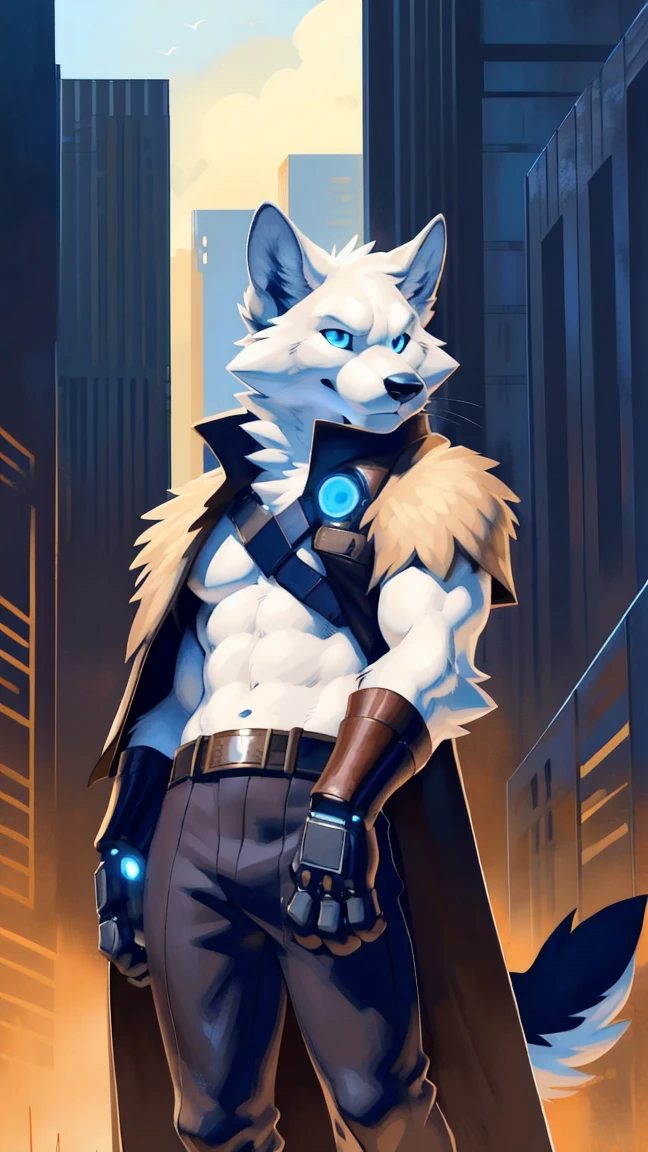 anthro:1.2 white wolf, posing for the camera. 4k, high resolution, best quality, perfect colors, perfect shadows, perfect lighting, posted on e621, furry body, anthro white wolf, white wolf, solo, male, adult, masculine, (skinny:2 build:1.4, slim), bare paws, correct anatomy, white fur (white:1 fur, detailed fur, epic, masterpiece:1.2), (detailed blue eyes:1.2), ((brown:1 futuristic high tech cloths, brown vest, coat)), dark pants (futuristic city background), (by takemoto arashi, by meesh, by Taran Fiddler)
