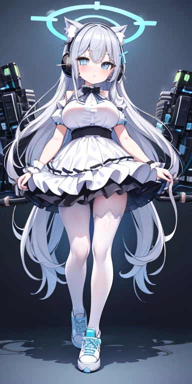 1 skinny short girl looking back, swaying back, absurdly long straight white hair, blunt bangs, (bouncing unaligned inconceivably huge breasts:1.5), inconceivably thin waist, short black capelet, (thigh gap), too short skirt, looking at viewer, multicolored rainbow eyes, frilled white shirts, smile for viewer, nose blush