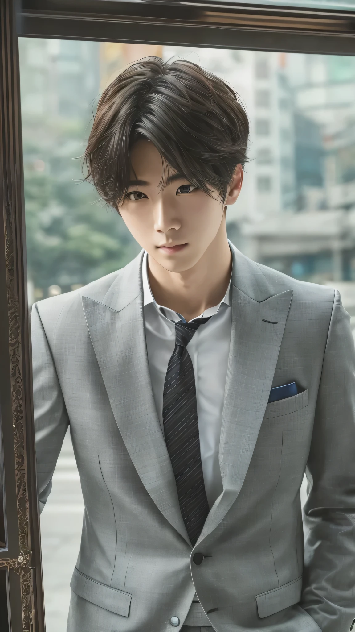 (masterpiece, best quality,   Details),  one boy,  men in Myeong-dong, Seoul,  look at the viewers,  upper body,  Outdoors ,Focus on 、 street, formal,  black suit ,  tie、 handsome boy。