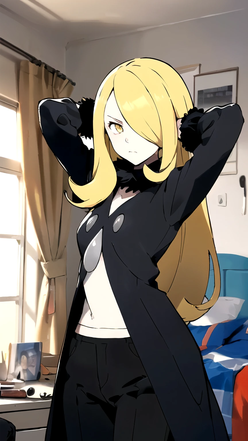 (masterpiece,best quality)), { Sugimori_Ken_artstyle_LoRA(1.2( : Manga_Style } {horror_edit} {horror_edit : creepy_room_aura} } { :(pokemoncynthia, blonde hair, hair ornament, hair over one eye, long hair, (yellow eyes:1.5), , perfectly_shape_breast : perfectly_slender_body : } { black coat, black pants, black shirt, coat, fur collar, fur trim, fur-trimmed sleeves, pants, shirt, } {standing : obedient : hands_behind_head } { no_emotion : hypnotic_eyes : hypnotized_eyes : lazy_eyes} { sweating : } { : dirty room : dark : messy}