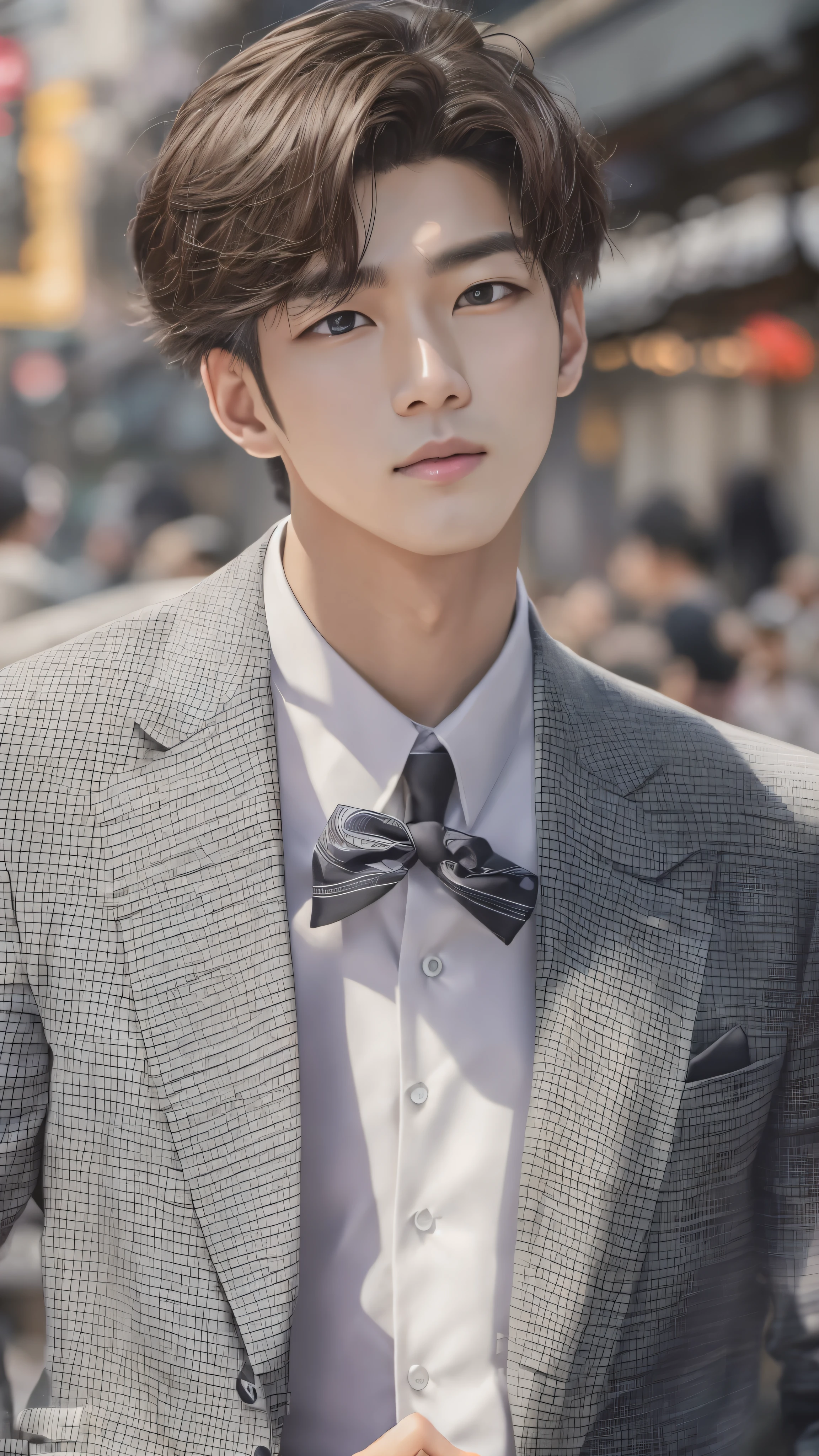 (masterpiece, best quality,   Details),  one boy,  men in Myeong-dong, Seoul,  look at the viewers,  upper body,  Outdoors ,Focus on 、 street, formal,  black suit ,  tie、 handsome boy。