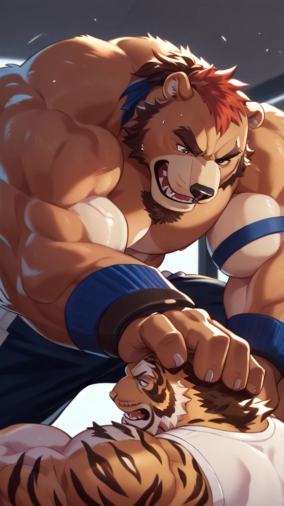 Solo, 1boy, Grizzly Bear,personification,Mature male,Hercules,Short White hair,naked,Gentle expression,Blue pupils,gray eyebrows,Scars on face and chest,Shirtless, topless,Huge Muscular, Body-built, Boxing Shorts, Thick Arms, Rippling Muscle Arms, Hands on Boxing Gloves,The Age of Steam, Boxing Ring, Gym Fitness Center。