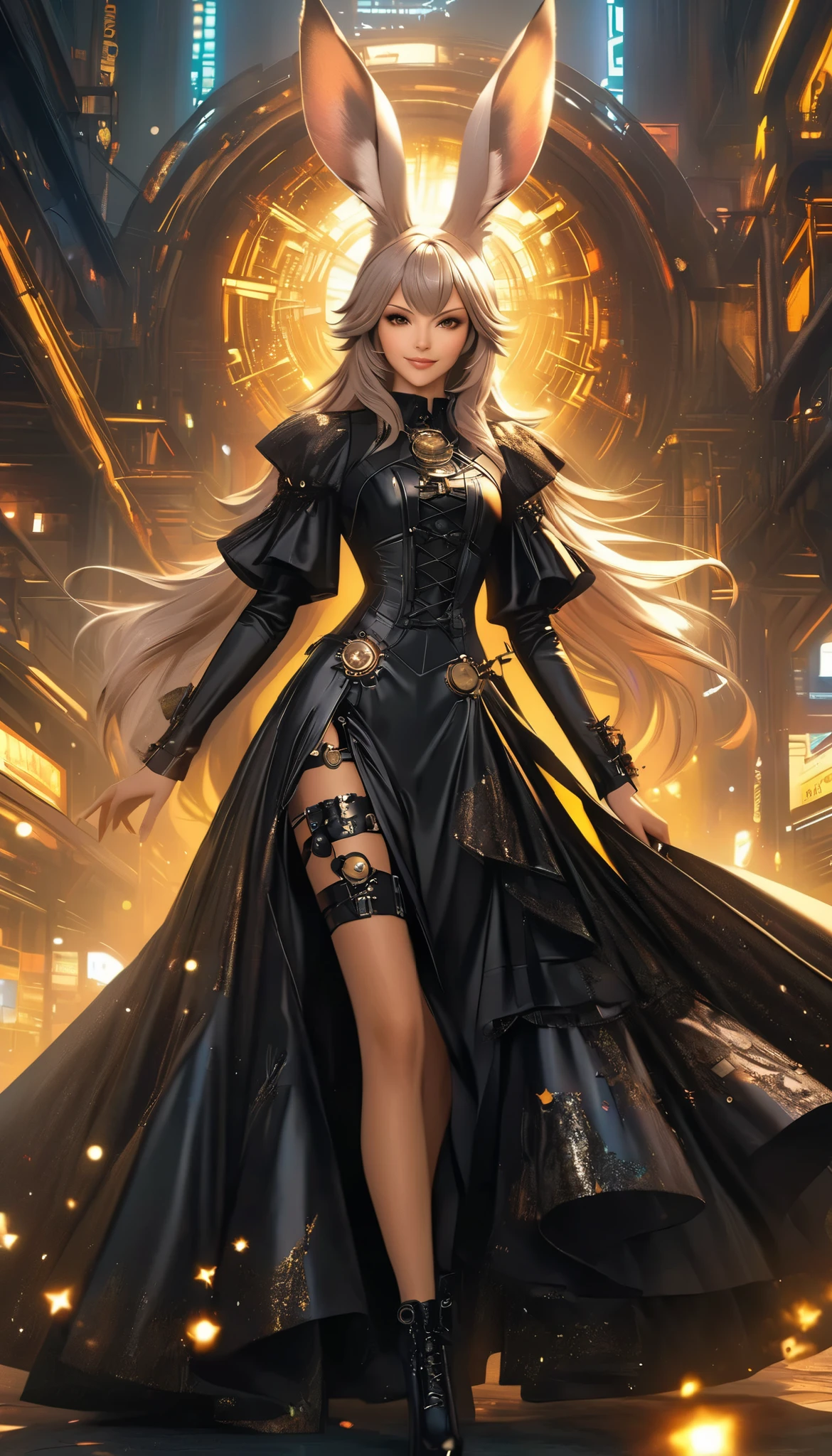 best quality , high resolution, 16k, unbelievably ridiculous , very detailed, 2.5D, Delicate and Dynamic ,((viera)), One charming girl , enchanting smile , , amazing style , gothic black long dress , English style steampunk ,,, cyberpunk, Glitter Effects , (nudity), , ,