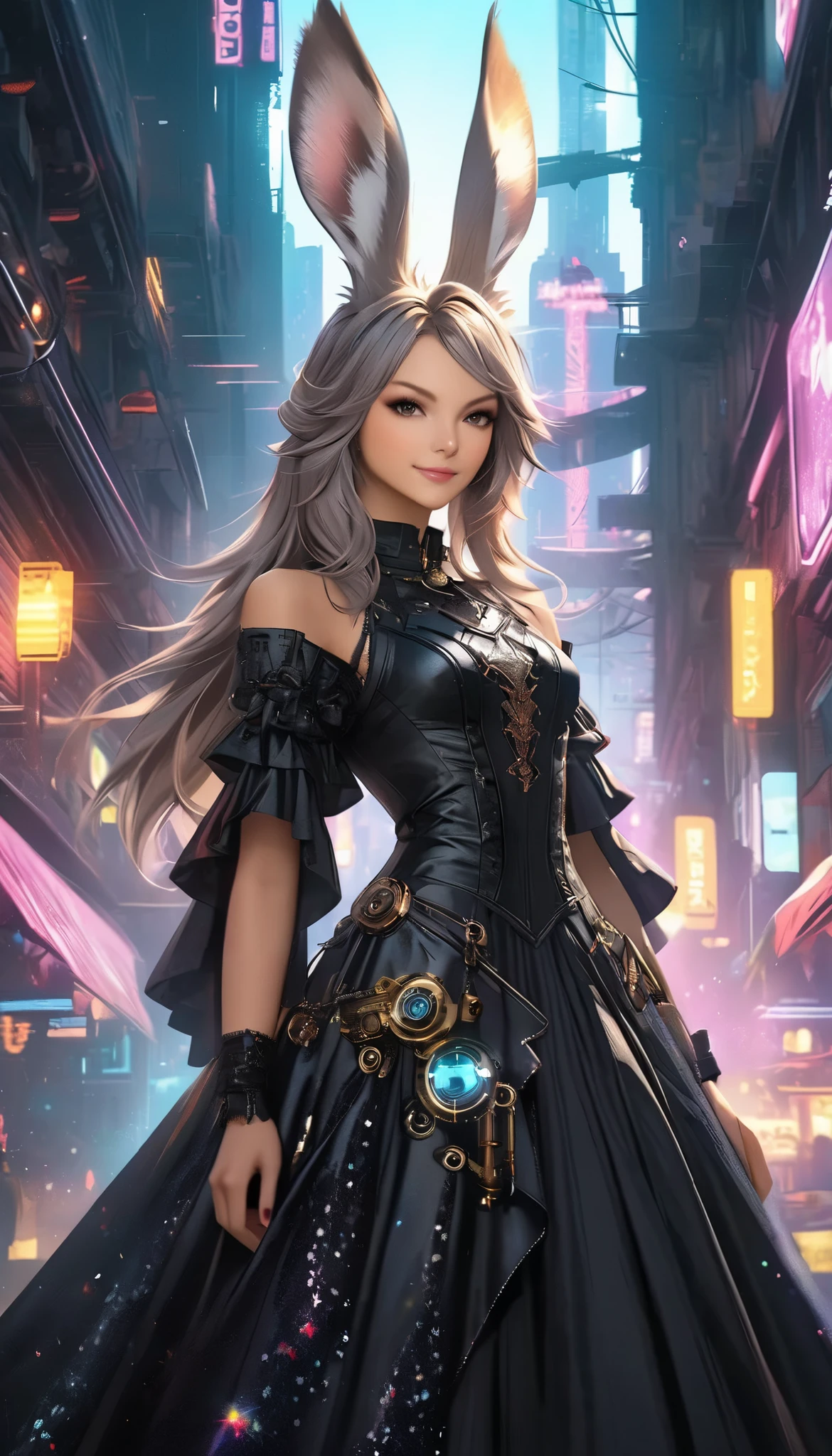best quality , high resolution, 16k, unbelievably ridiculous , very detailed, 2.5D, Delicate and Dynamic ,((viera)), One charming girl , enchanting smile , , amazing style , gothic black long dress , English style steampunk ,,, cyberpunk, Glitter Effects , (nudity), , ,