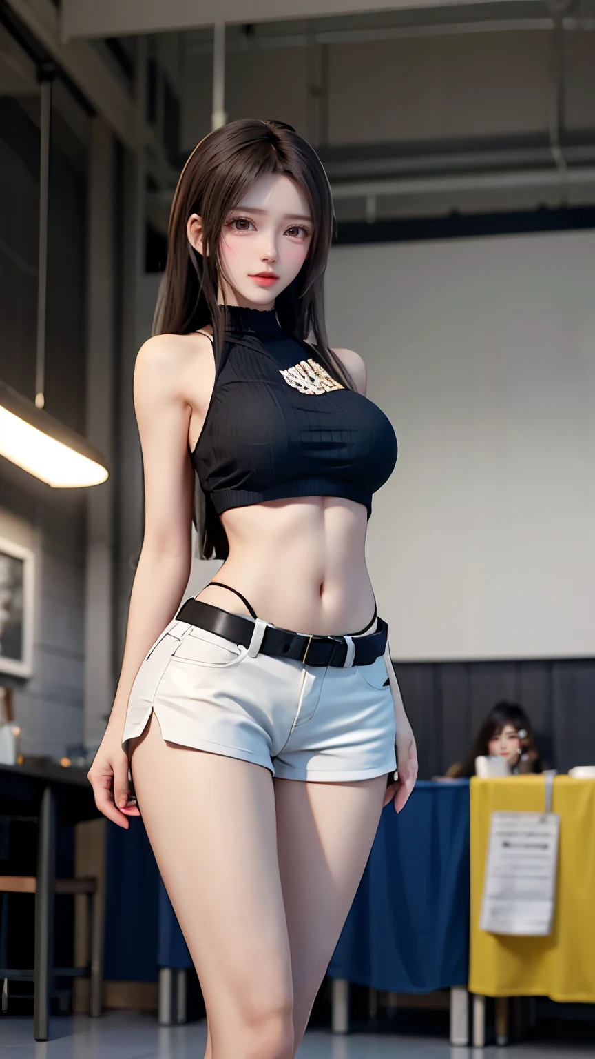 ubel,dark green hair,long hair,side ponytail,hair between eyes,bangs, BREAK (beret, black jacket, open clothes, cleavage, midriff, black shorts, black thighhighs, thigh strap, fingerless gloves, single glove:1.2) BREAK blurry background, BREAK pose, hand on hip, BREAK (masterpiece:1.2), best quality, high resolution, unity 8k wallpaper, (illustration:0.8), (beautiful detailed eyes:1.6), extremely detailed face, perfect lighting, extremely detailed CG, (perfect hands, perfect anatomy),