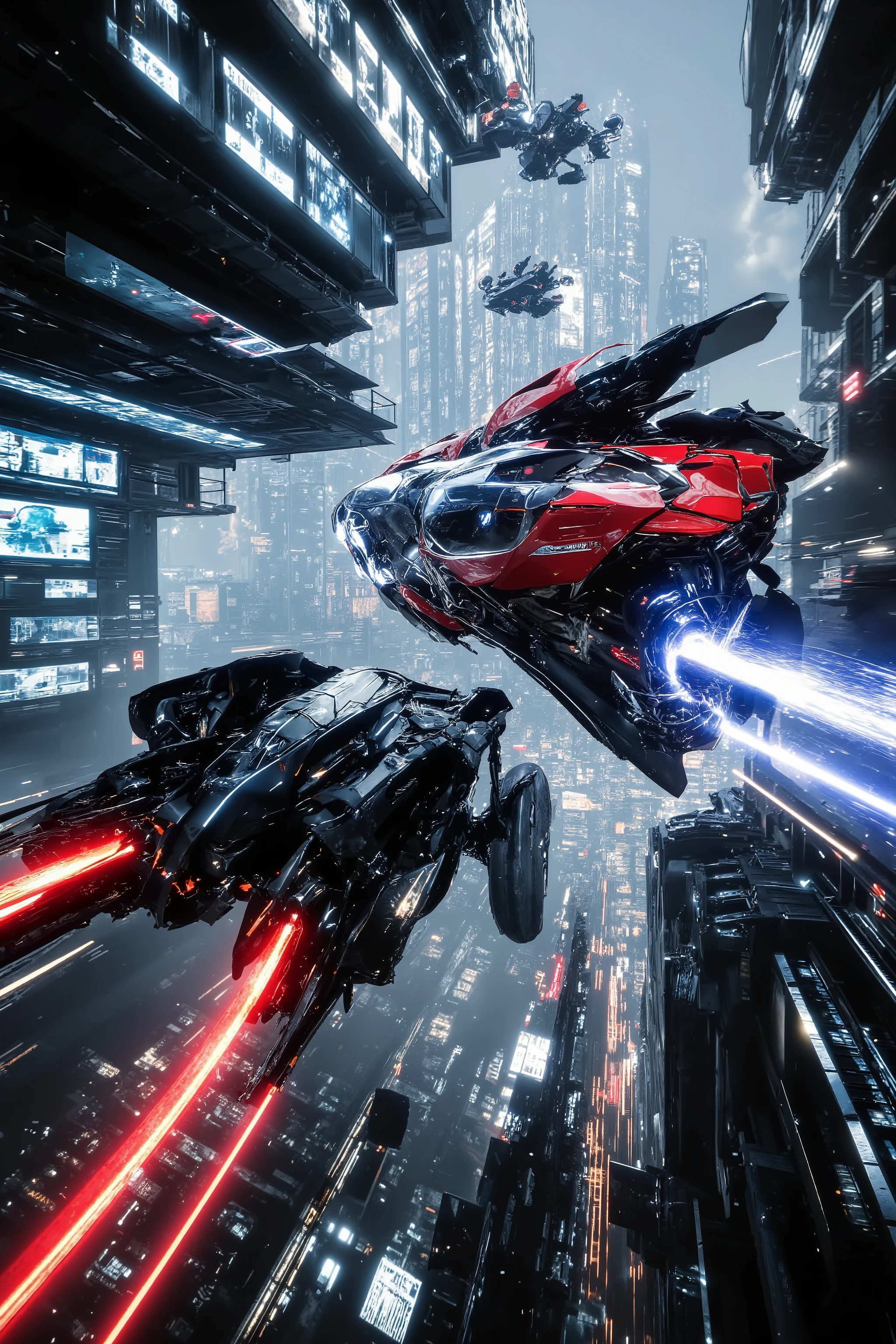 (best quality,4k,8k,highres,masterpiece:1.2), photorealistic,photo-realistic:1.37),highly detailed, futuristic metropolis.Super high skyscrapers with media screens covering the structures instead of windows. 2 futuristic flying vehicles, one super reflective black, and one bright glossy red  fly high and low leave trails of color and light behind as they chase each other all over the city. Fast action chases. Iconic danger scenes. Speed lines. Motion lines. Hover bikes follow close while dodging drones that litter the crystal clear sky. 3D, realism, cinematic photography, cinematic lighting, cinematic portrait, portrait photography, cinematography, full focus, UHDR, hyperrealistic, visually disorienting, portrait photography, surrealism, etheral, cyberpunk cityscape, futurism, highest quality, masterpiece.