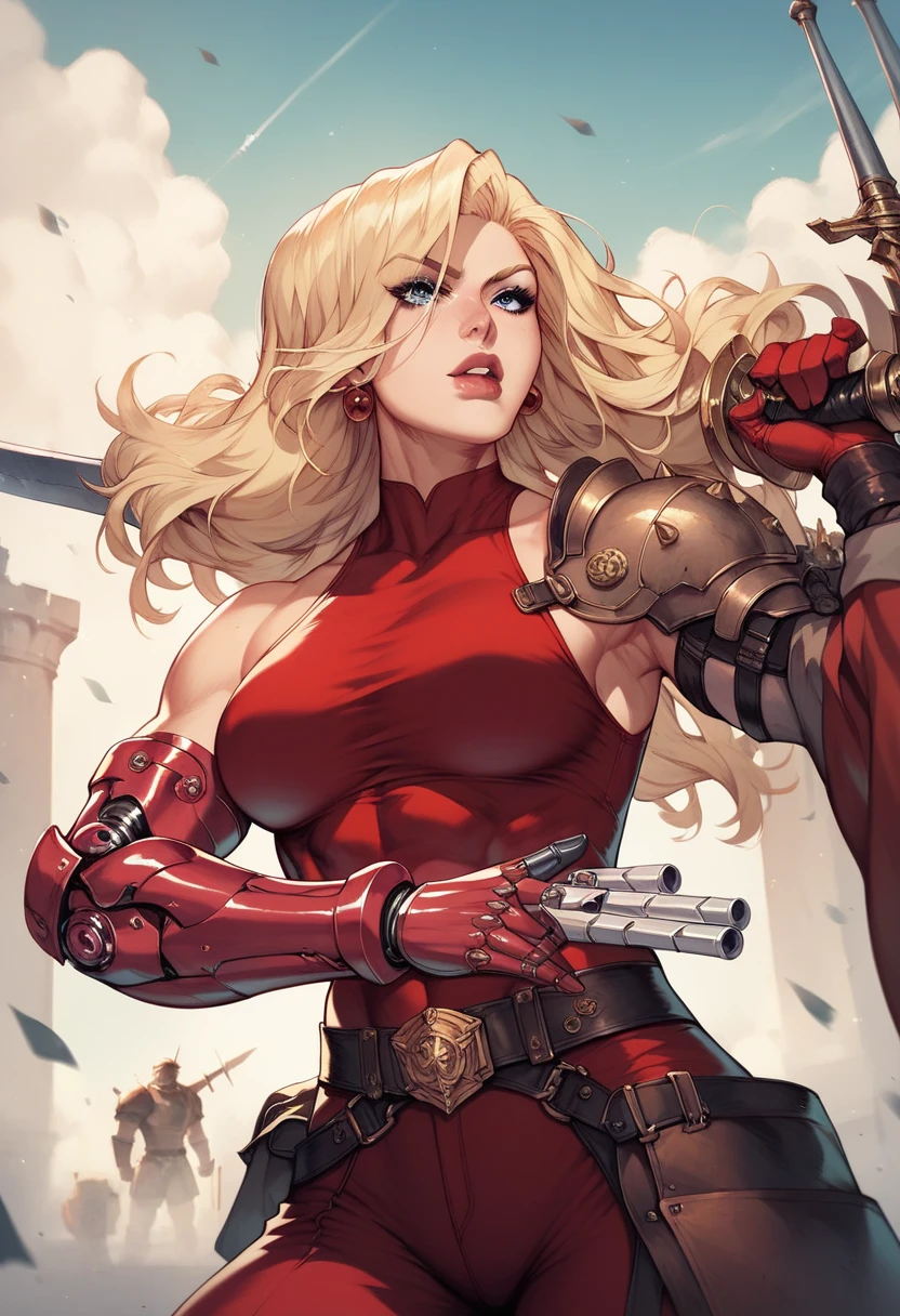 highly insanely detailed, masterpiece, top quality, best quality, highres, 4k, 8k, RAW photo,
1girl, solo, persephone, blonde hair, spiked hair, forehead protector, pauldron,silver bikini armor, gauntlets,hair over one eye,long  red cape, red and blue armor, shoulder armor, garter straps, headband, belt, 
 angry,
large breasts, 
dynamic pose, raised fist,
(dynamic weather),
comic style, lineart, 
 <lora:Persephone_v02:0.90>