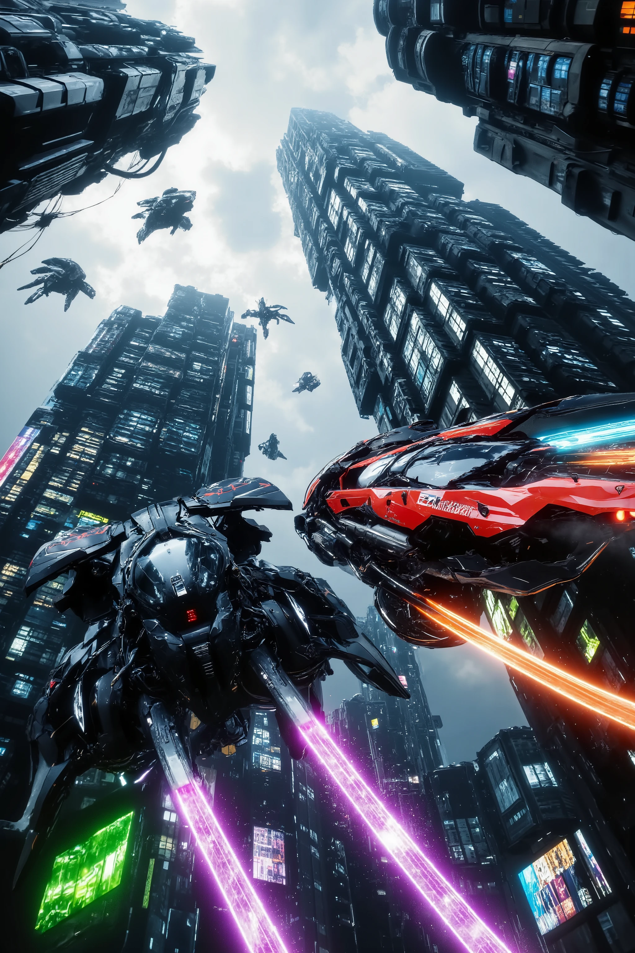 (best quality,4k,8k,highres,masterpiece:1.2), photorealistic,photo-realistic:1.37),highly detailed, futuristic metropolis.Super high skyscrapers with media screens covering the structures instead of windows. 2 futuristic flying vehicles, one super reflective black, and one bright glossy red fly high and low leave trails of color and light behind as they chase each other all over the city. Fast action chases. Iconic danger scenes. Speed lines. Motion lines. Hover bikes follow close while dodging drones that litter the crystal clear sky. 3D, realism, cinematic photography, cinematic lighting, cinematic portrait, portrait photography, cinematography, full focus, UHDR, hyperrealistic, visually disorienting, portrait photography, surrealism, etheral, cyberpunk cityscape, futurism, highest quality, masterpiece.