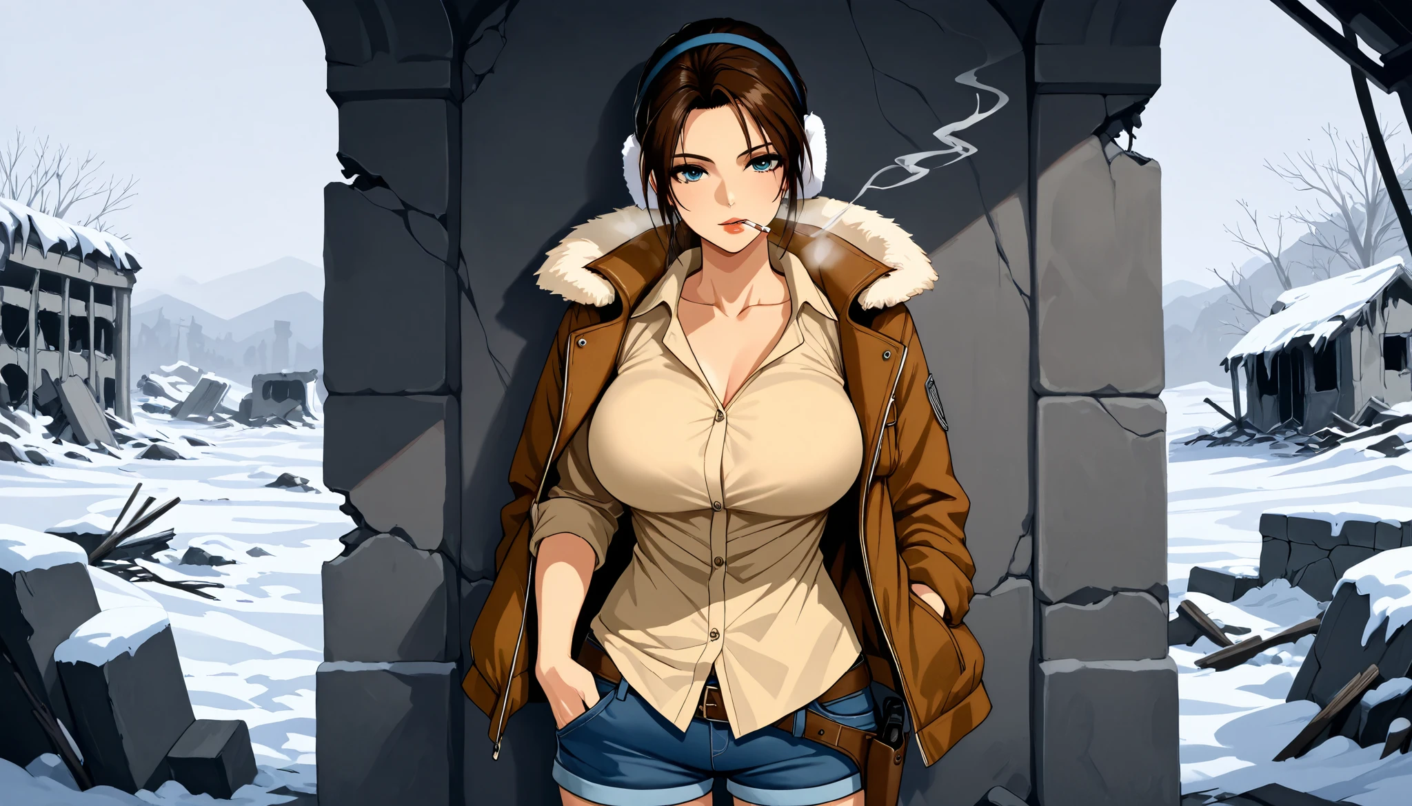lara croft in button down shirt and jeans shorts smoking cigarette in the snowy temple ruins, cute, sassy, lara croft, ((((beige button down shirt)))), (collarbone), (rolled up sleeves), breast pockets, (untucked shirt), ((shearling jacket)), ((earmuffs)), jeans cur-off shorts, belt, holster, big breasts, muscular, looking at viewer, smoking, smoke, cigarette, winter, snow, ruins, detailed