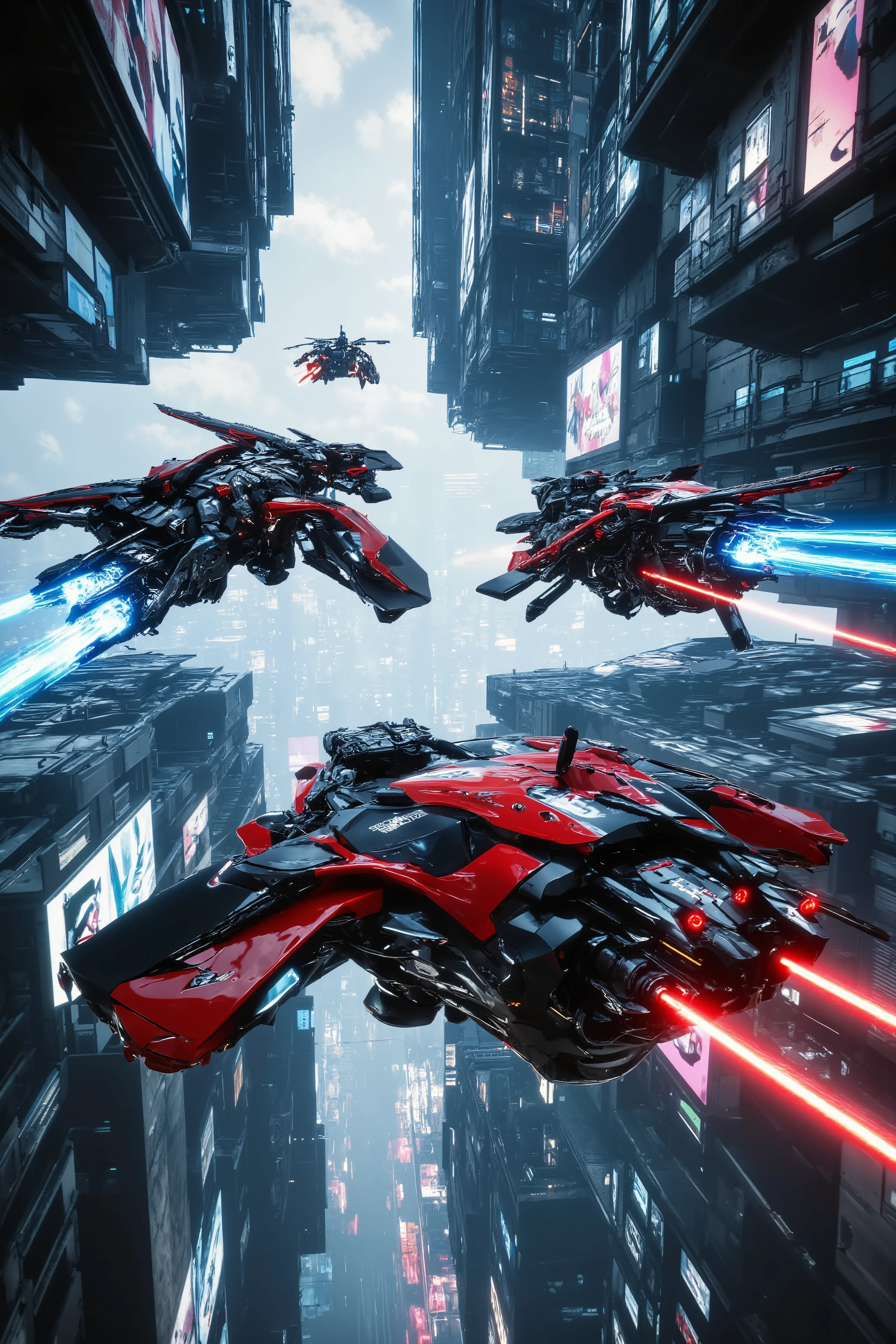 (best quality,4k,8k,highres,masterpiece:1.2), photorealistic,photo-realistic:1.37),highly detailed futuristic metropolis. Skyscrapers with media screens for windows. Hover cars, painted bright glossy red and super reflective black flying high and low leave trails of color behind as they chase each other. Speed lines. Motion lines. Hover bikes follow while dodging propellerless drones that litter the crystal clear sky. 3D, realism, cinematic photography, cinematic lighting, cinematic portrait, portrait photography, cinematography, full focus, UHDR, hyperrealistic, visually disorienting, hallucination inducing, optical illusions, startling, stunning images, awe-inspiringly, pixel assets, portrait photography, surrealism, etheral, futuristic, cyberpunk cityscape, futurism, highest quality, masterpiece.